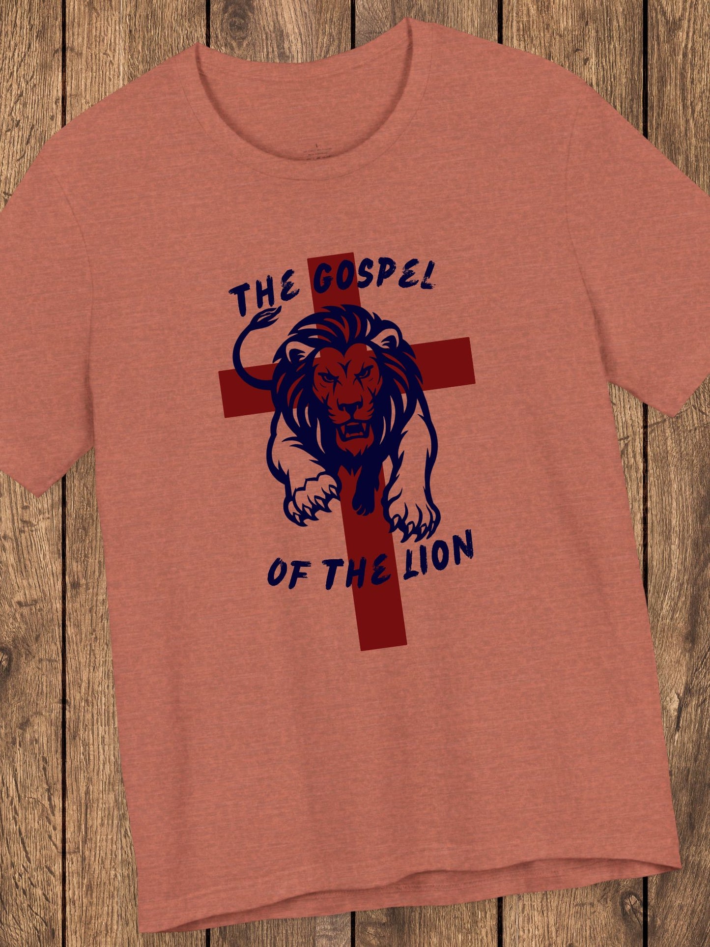 'The Gospel of the Lion' Unisex T-Shirt (red cross, navy text), Jesus Tee, Christian Apparel