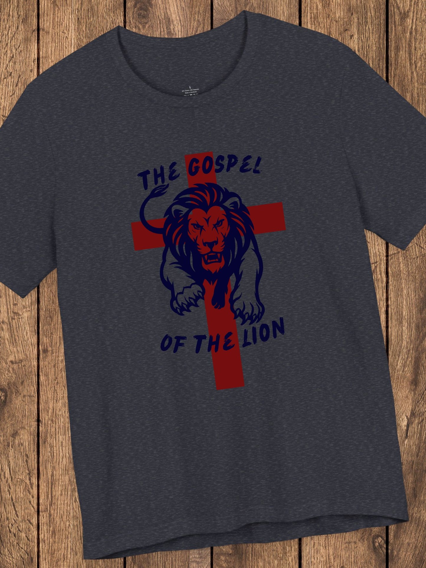 'The Gospel of the Lion' Unisex T-Shirt (red cross, navy text), Jesus Tee, Christian Apparel