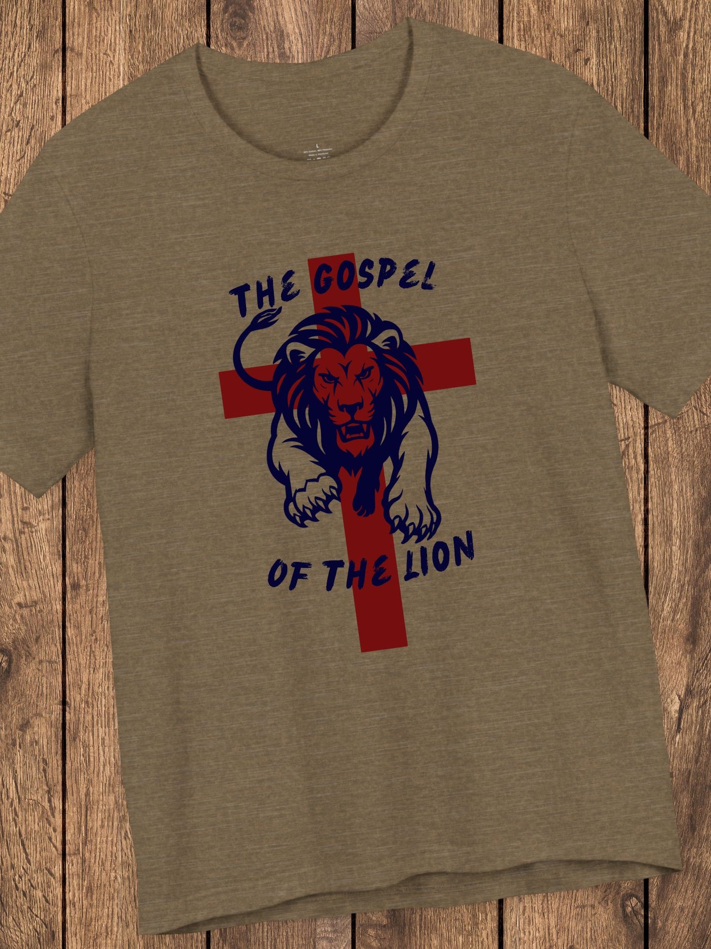 'The Gospel of the Lion' Unisex T-Shirt (red cross, navy text), Jesus Tee, Christian Apparel