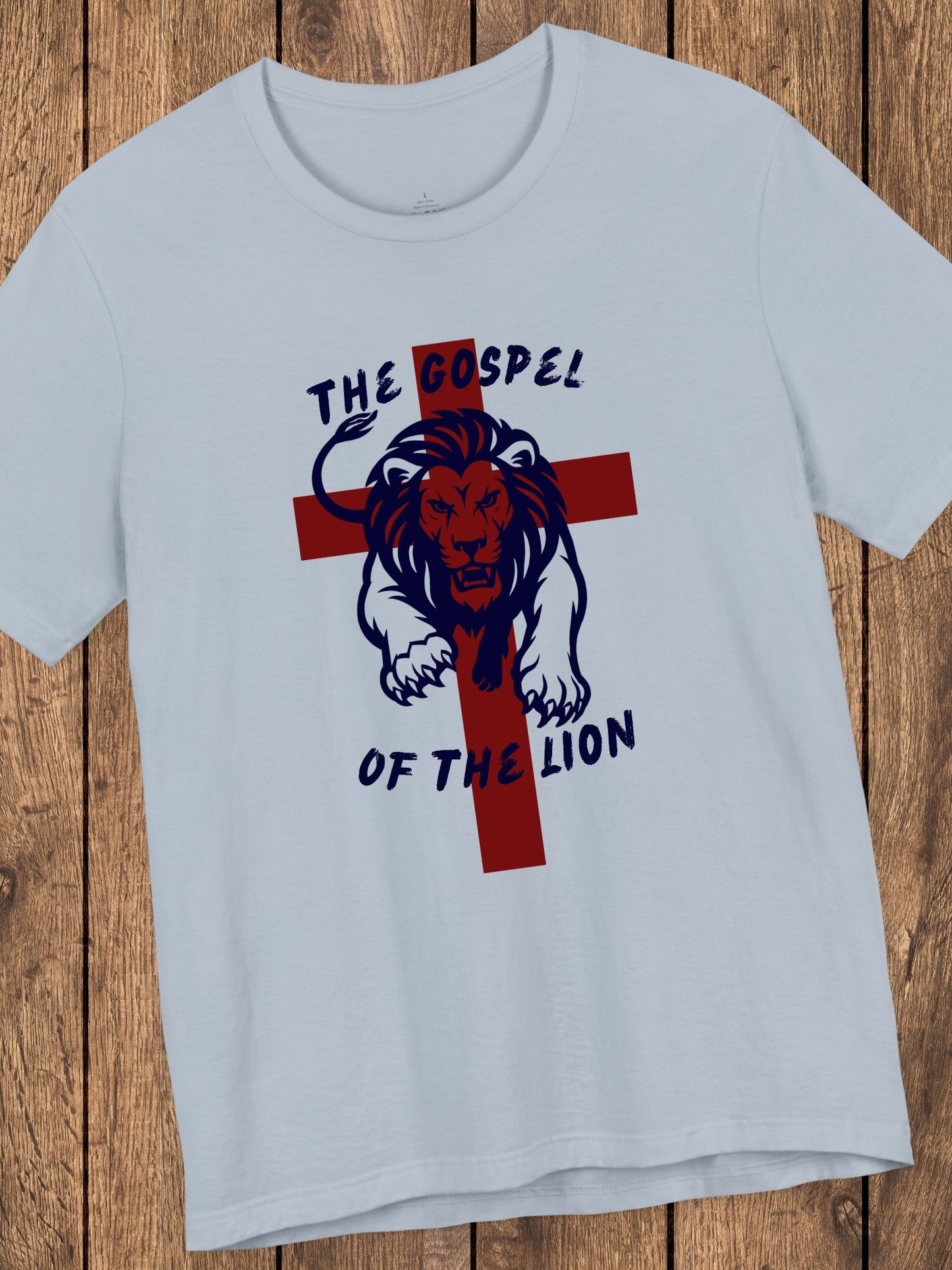 'The Gospel of the Lion' Unisex T-Shirt (red cross, navy text), Jesus Tee, Christian Apparel