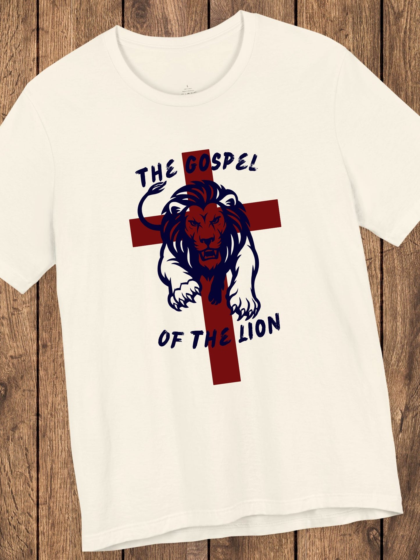 'The Gospel of the Lion' Unisex T-Shirt (red cross, navy text), Jesus Tee, Christian Apparel