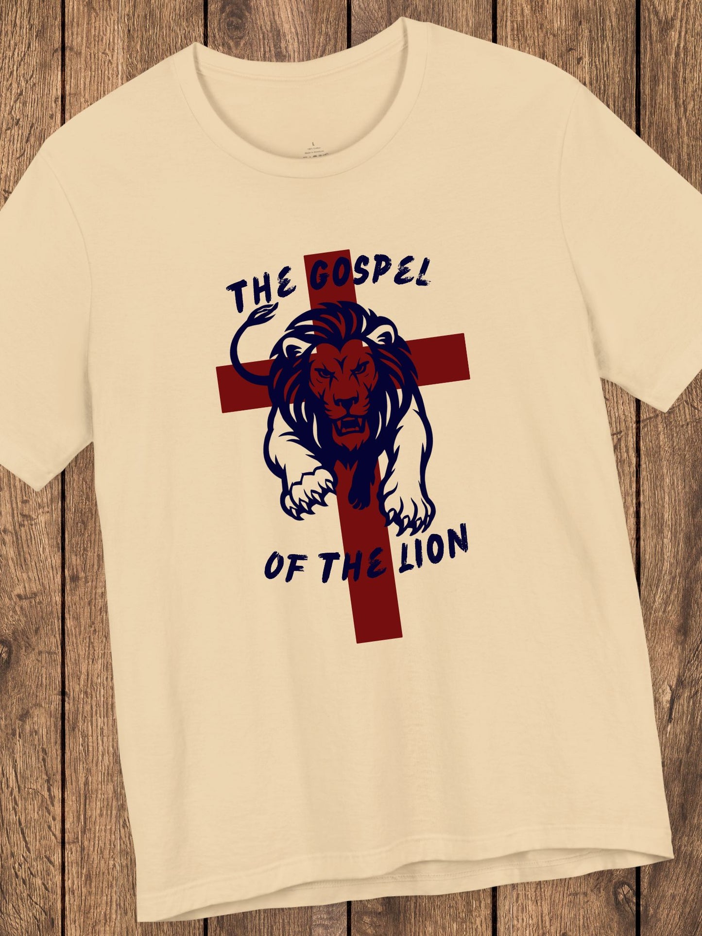 'The Gospel of the Lion' Unisex T-Shirt (red cross, navy text), Jesus Tee, Christian Apparel