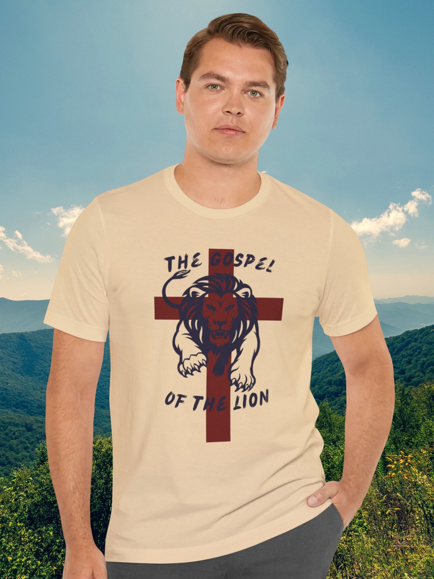 'The Gospel of the Lion' Unisex T-Shirt (red cross, navy text), Jesus Tee, Christian Apparel