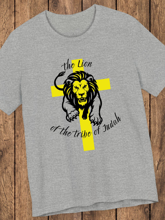 'The Lion of the Tribe of Judah' Unisex T-Shirt (yellow cross, black text), Jesus Tee, Christian Apparel