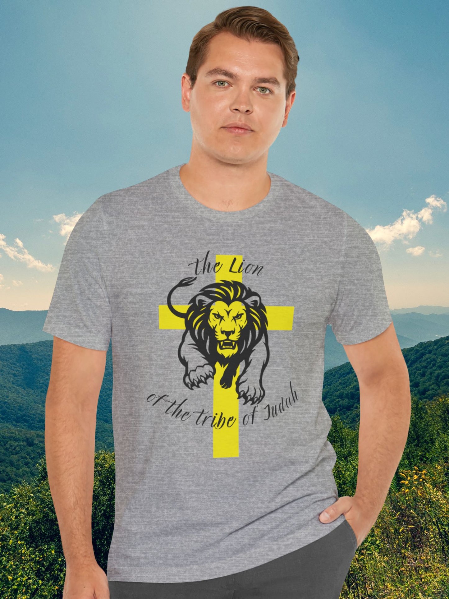 'The Lion of the Tribe of Judah' Unisex T-Shirt (yellow cross, black text), Jesus Tee, Christian Apparel