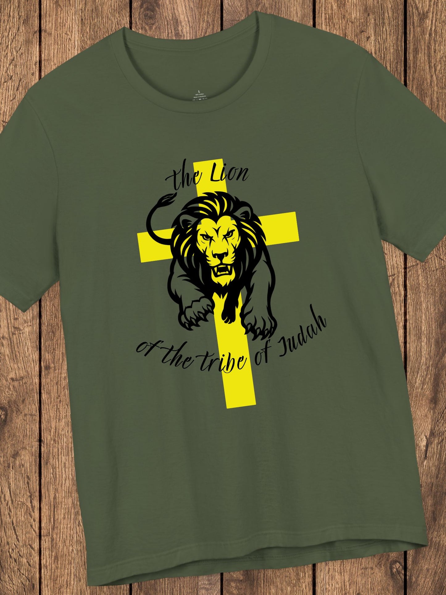 'The Lion of the Tribe of Judah' Unisex T-Shirt (yellow cross, black text), Jesus Tee, Christian Apparel