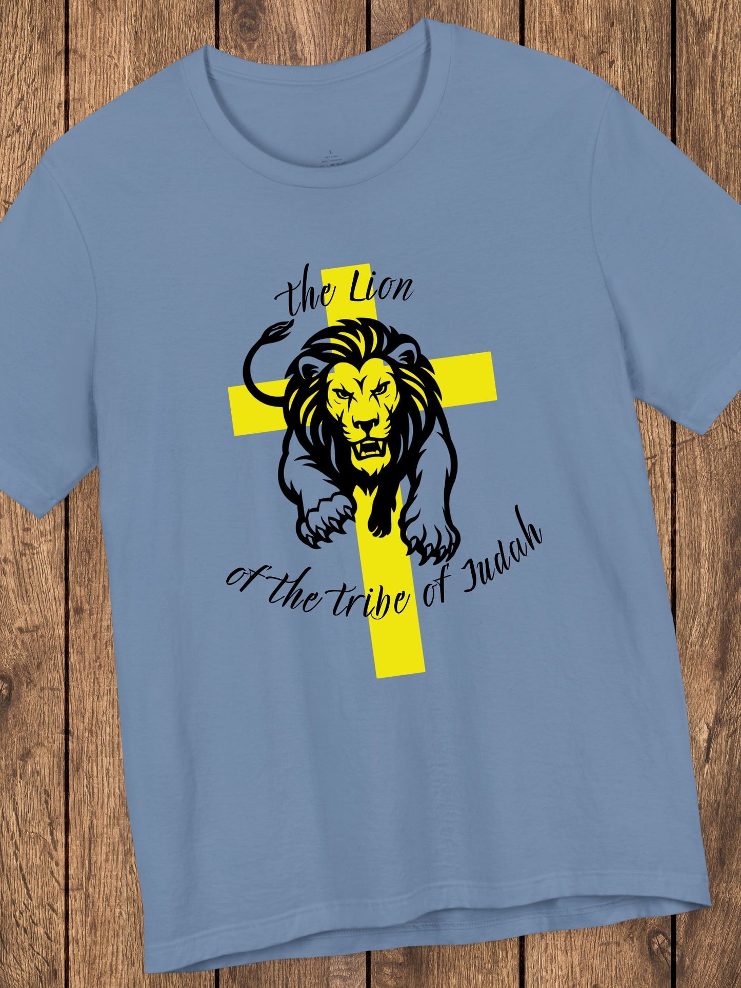'The Lion of the Tribe of Judah' Unisex T-Shirt (yellow cross, black text), Jesus Tee, Christian Apparel