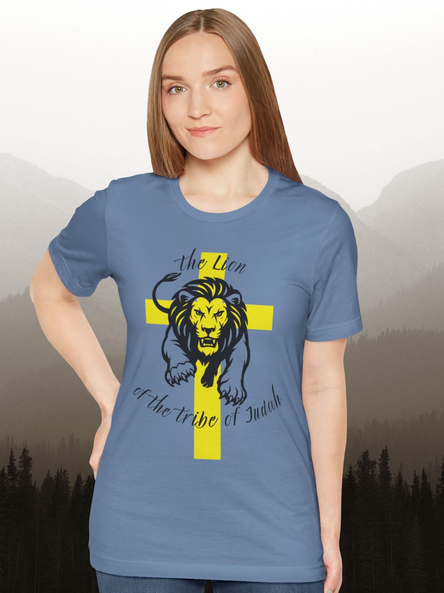'The Lion of the Tribe of Judah' Unisex T-Shirt (yellow cross, black text), Jesus Tee, Christian Apparel