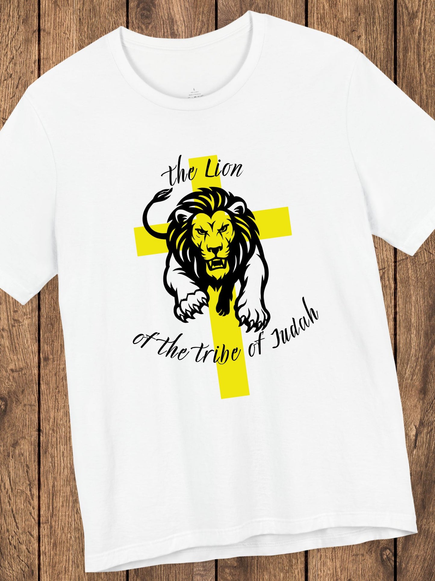 'The Lion of the Tribe of Judah' Unisex T-Shirt (yellow cross, black text), Jesus Tee, Christian Apparel