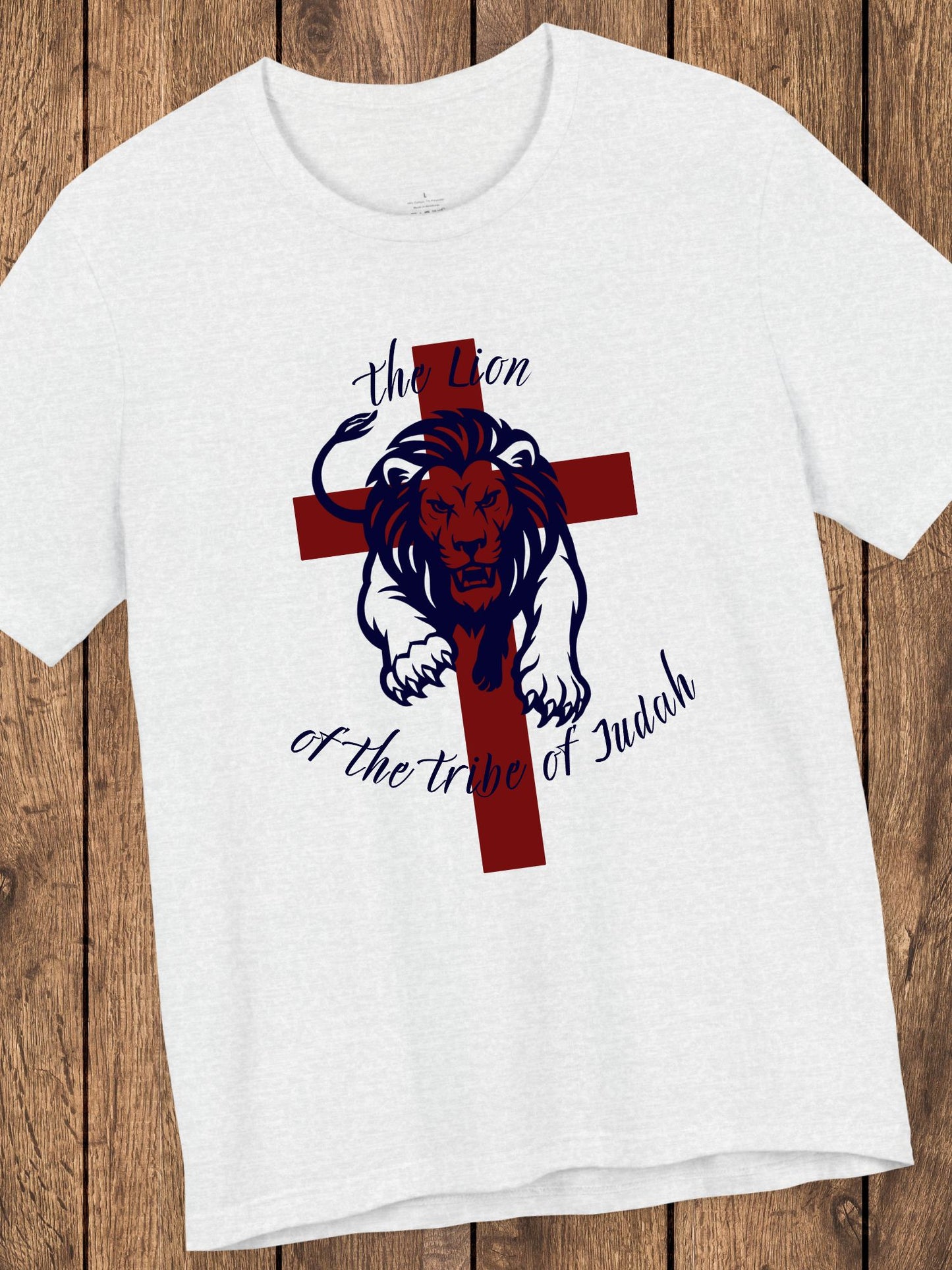 'The Lion of the Tribe of Judah' Unisex T-Shirt (red cross, navy text), Jesus Tee, Christian Apparel