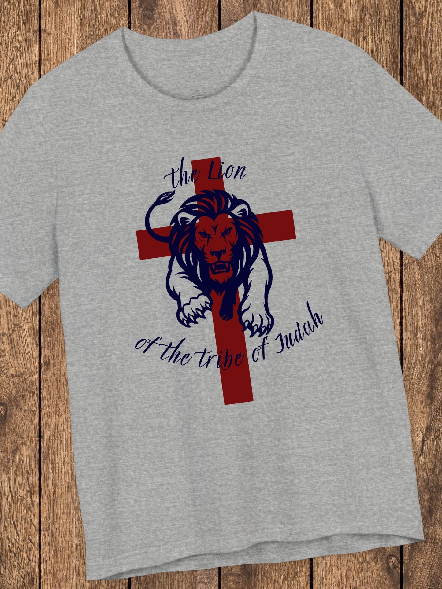'The Lion of the Tribe of Judah' Unisex T-Shirt (red cross, navy text), Jesus Tee, Christian Apparel