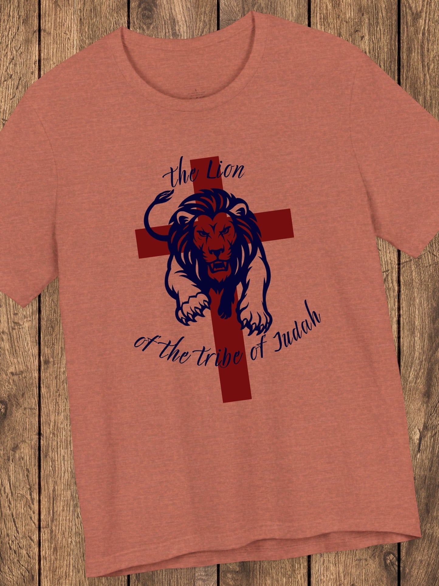 'The Lion of the Tribe of Judah' Unisex T-Shirt (red cross, navy text), Jesus Tee, Christian Apparel