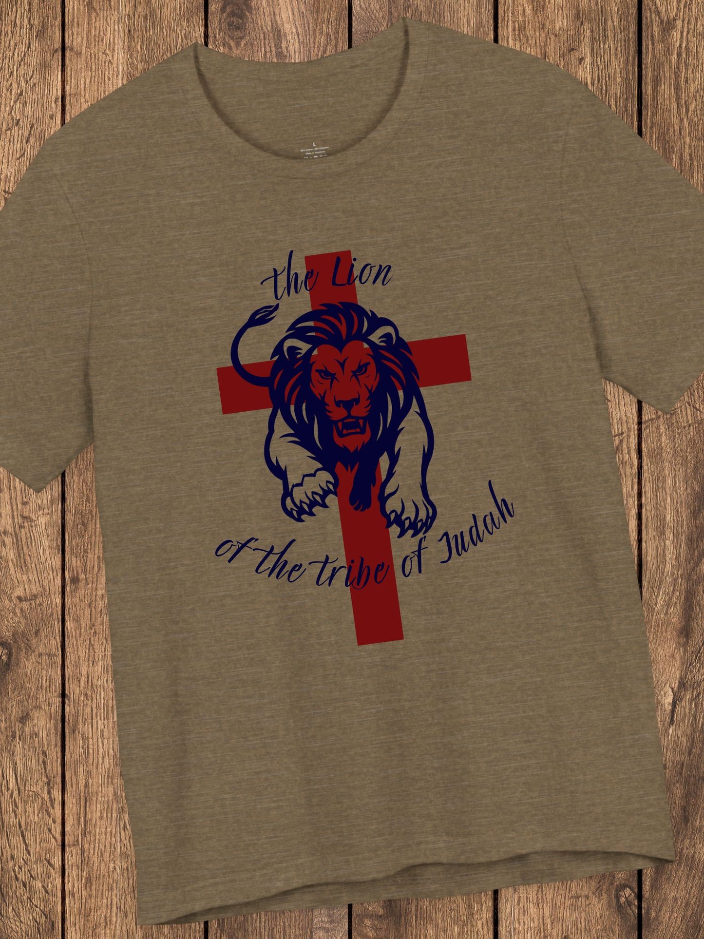 'The Lion of the Tribe of Judah' Unisex T-Shirt (red cross, navy text), Jesus Tee, Christian Apparel