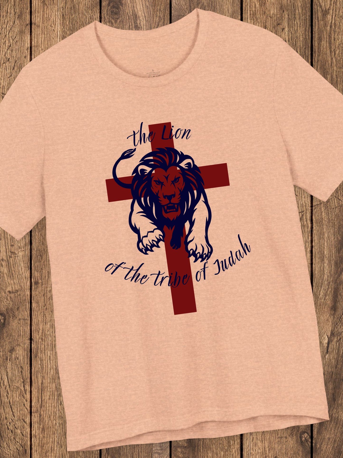 'The Lion of the Tribe of Judah' Unisex T-Shirt (red cross, navy text), Jesus Tee, Christian Apparel