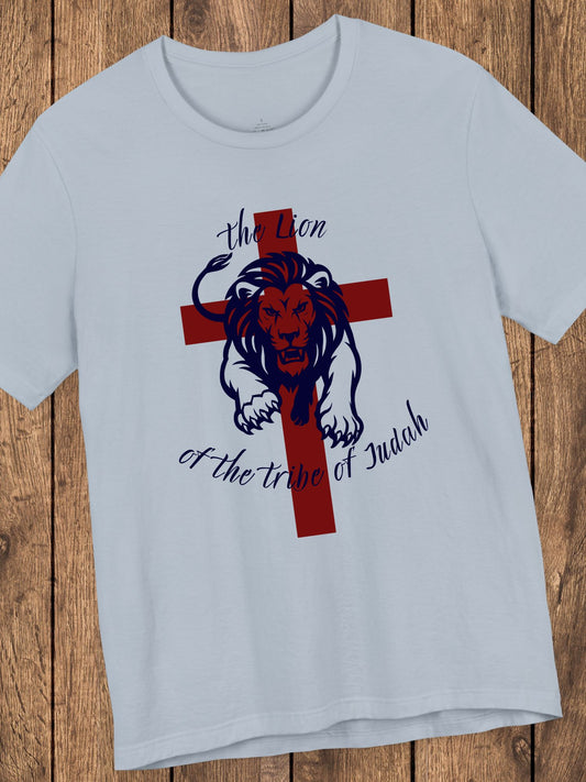'The Lion of the Tribe of Judah' Unisex T-Shirt (red cross, navy text), Jesus Tee, Christian Apparel