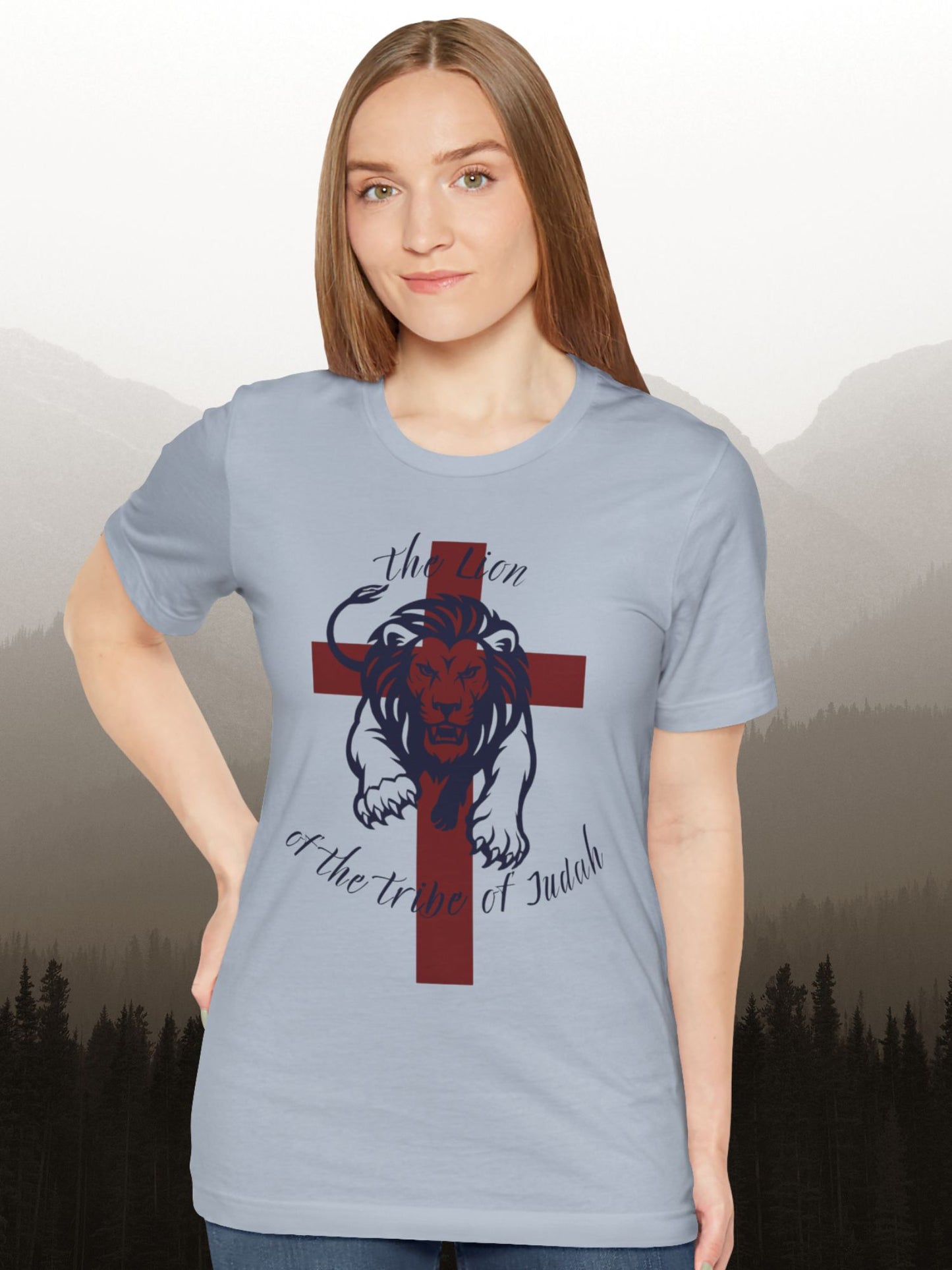 'The Lion of the Tribe of Judah' Unisex T-Shirt (red cross, navy text), Jesus Tee, Christian Apparel