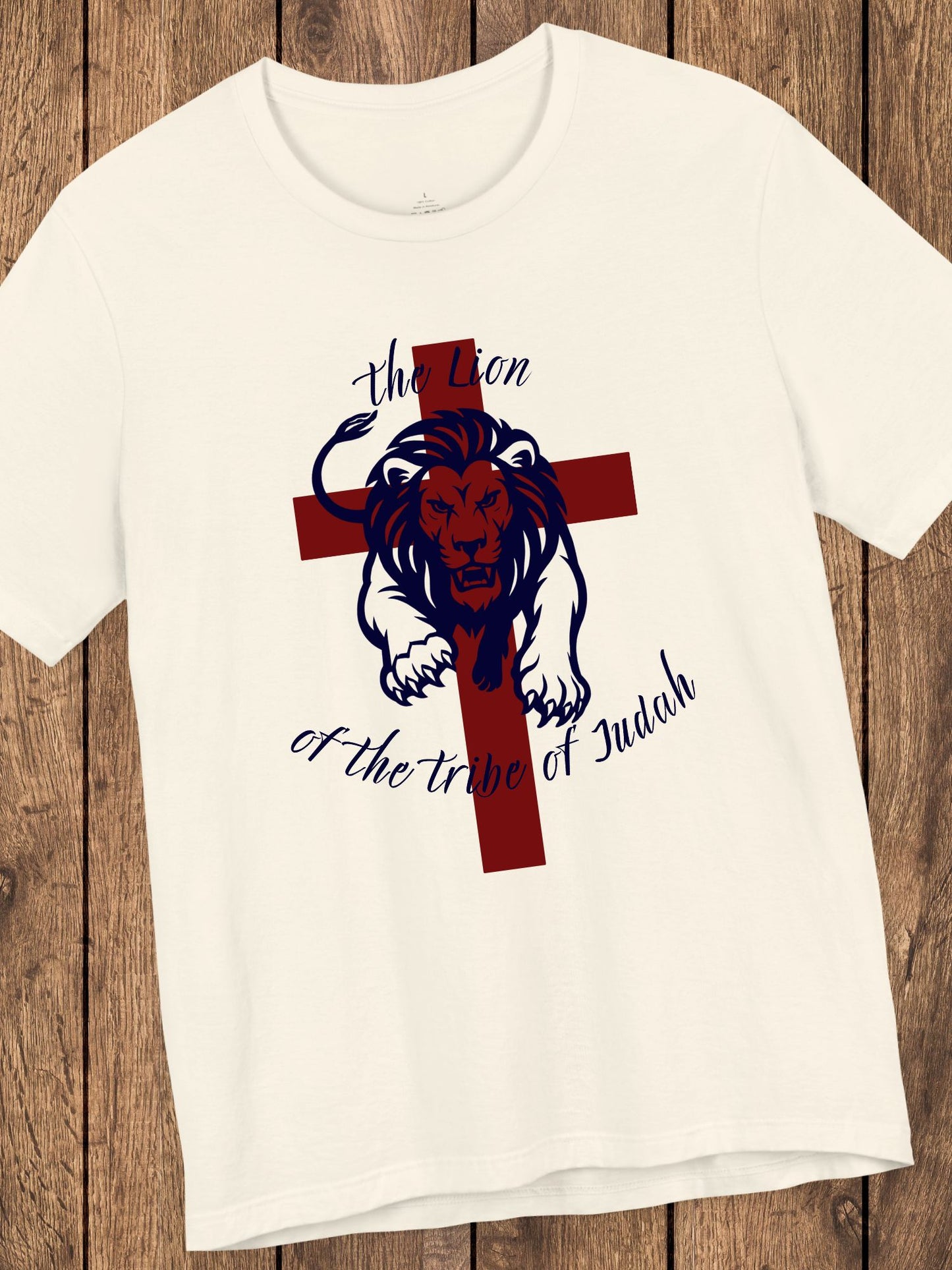 'The Lion of the Tribe of Judah' Unisex T-Shirt (red cross, navy text), Jesus Tee, Christian Apparel