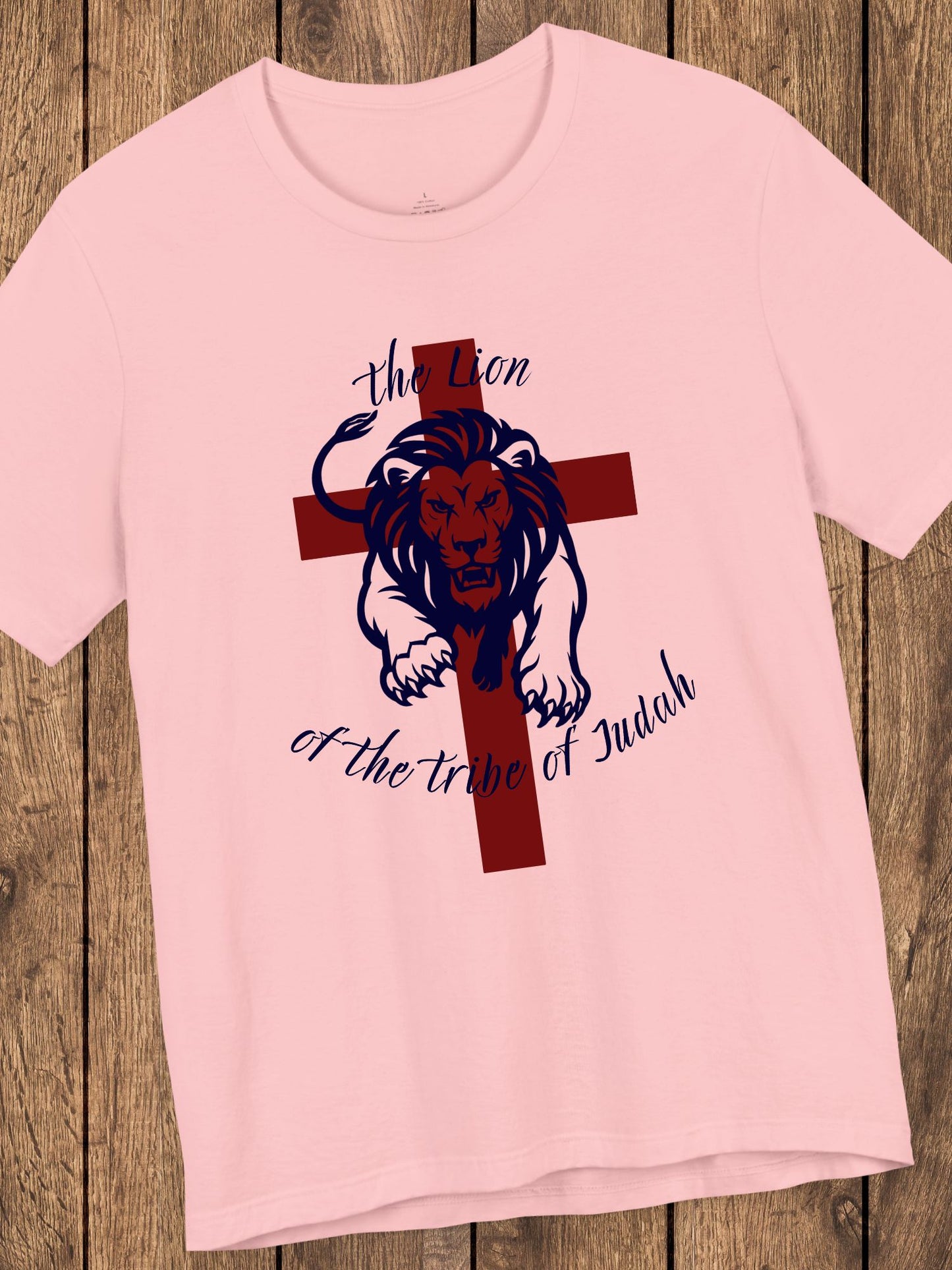 'The Lion of the Tribe of Judah' Unisex T-Shirt (red cross, navy text), Jesus Tee, Christian Apparel