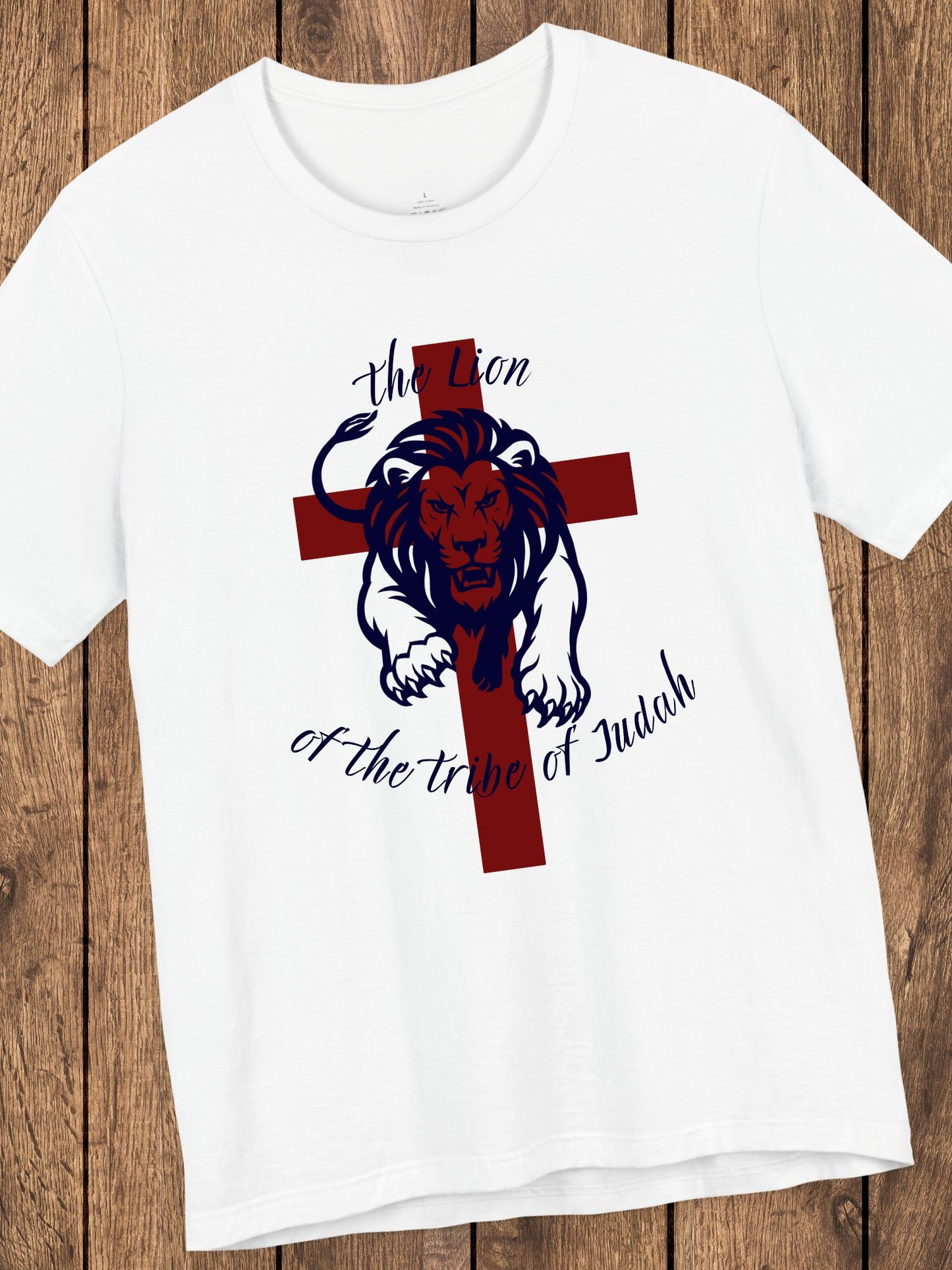 'The Lion of the Tribe of Judah' Unisex T-Shirt (red cross, navy text), Jesus Tee, Christian Apparel