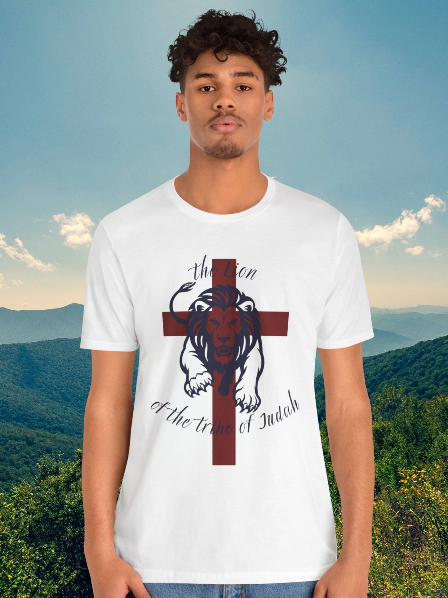 'The Lion of the Tribe of Judah' Unisex T-Shirt (red cross, navy text), Jesus Tee, Christian Apparel
