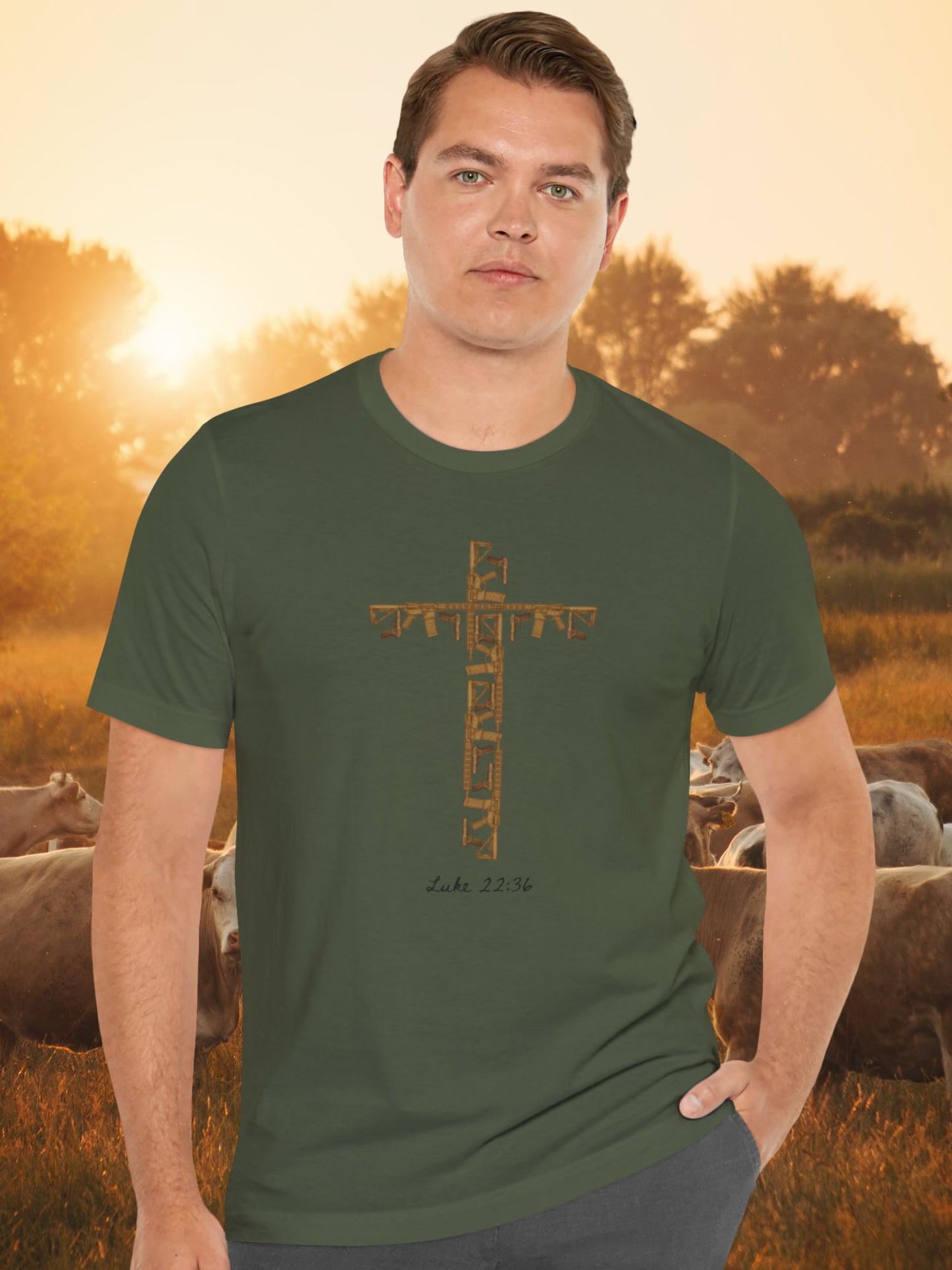 Luke 22:36 with Firearms Cross Design Unisex T-Shirt, Christian Apparel, Second Amendment Tee