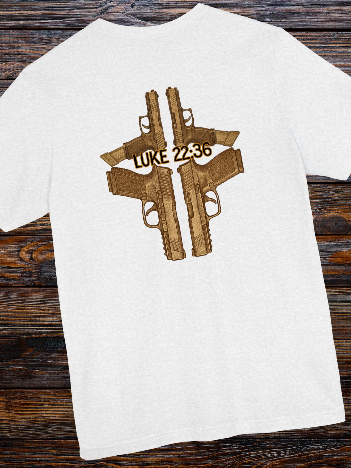 Handgun Cross with Luke 22:36 written Unisex T-Shirt, Christian Apparel, Second Amendment Tee