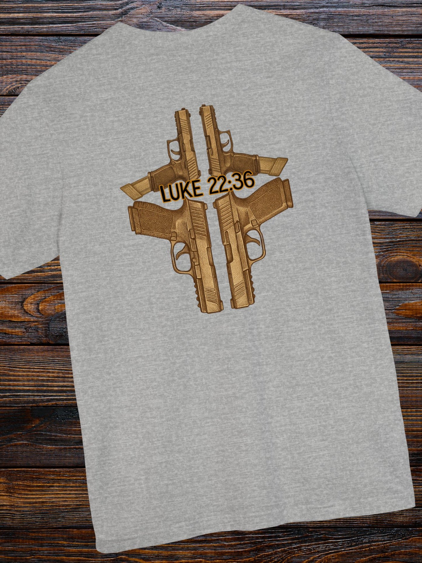 Handgun Cross with Luke 22:36 written Unisex T-Shirt, Christian Apparel, Second Amendment Tee