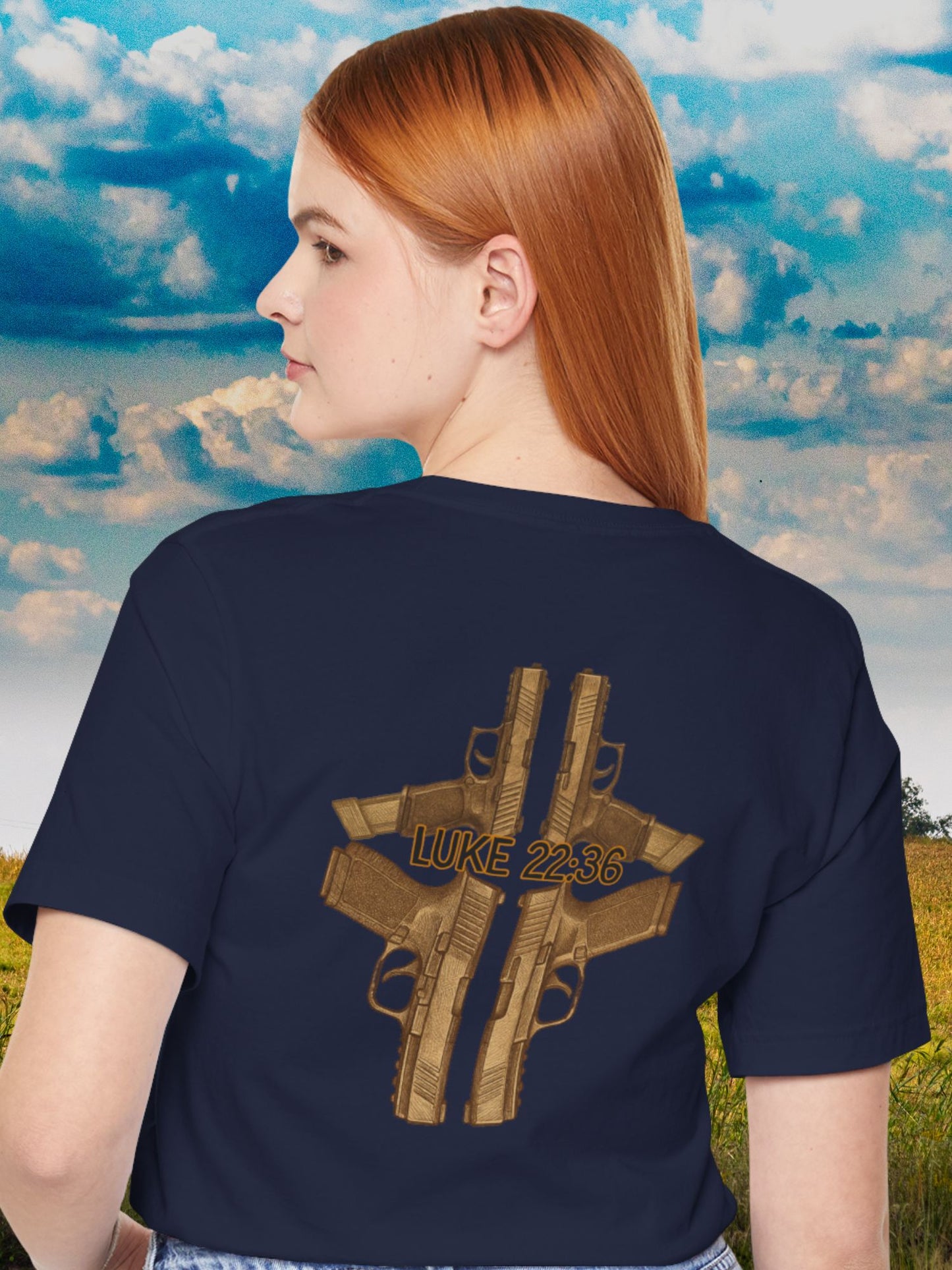 Handgun Cross with Luke 22:36 written Unisex T-Shirt, Christian Apparel, Second Amendment Tee