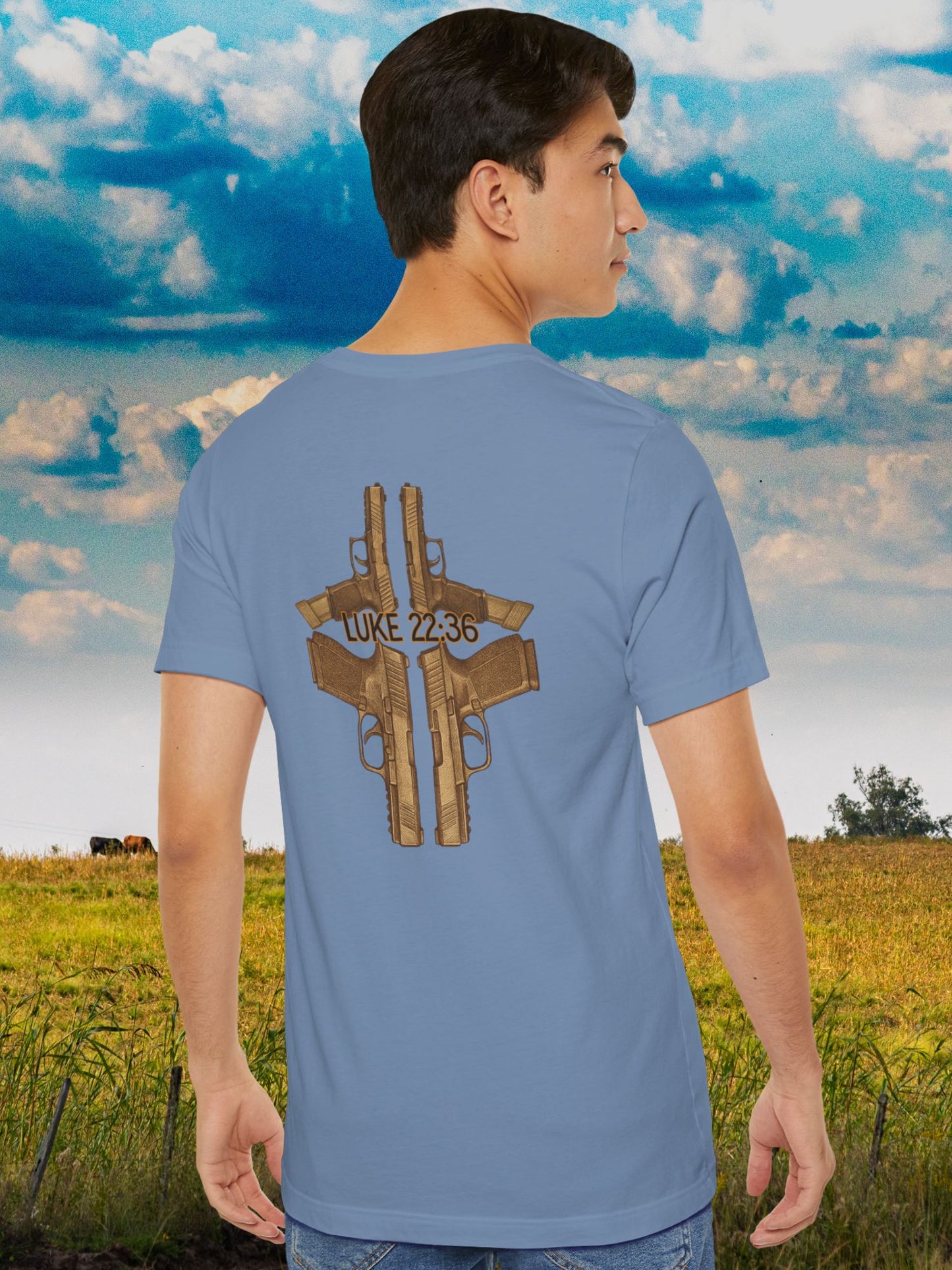 Handgun Cross with Luke 22:36 written Unisex T-Shirt, Christian Apparel, Second Amendment Tee