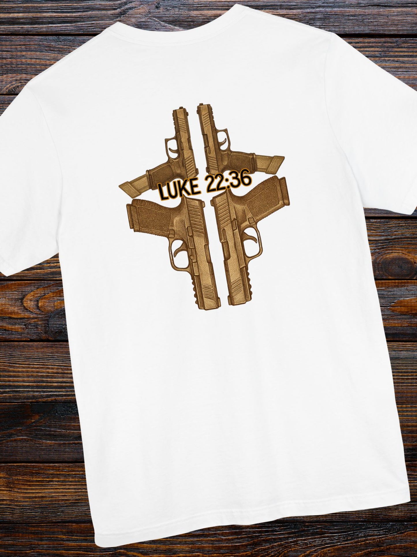 Handgun Cross with Luke 22:36 written Unisex T-Shirt, Christian Apparel, Second Amendment Tee