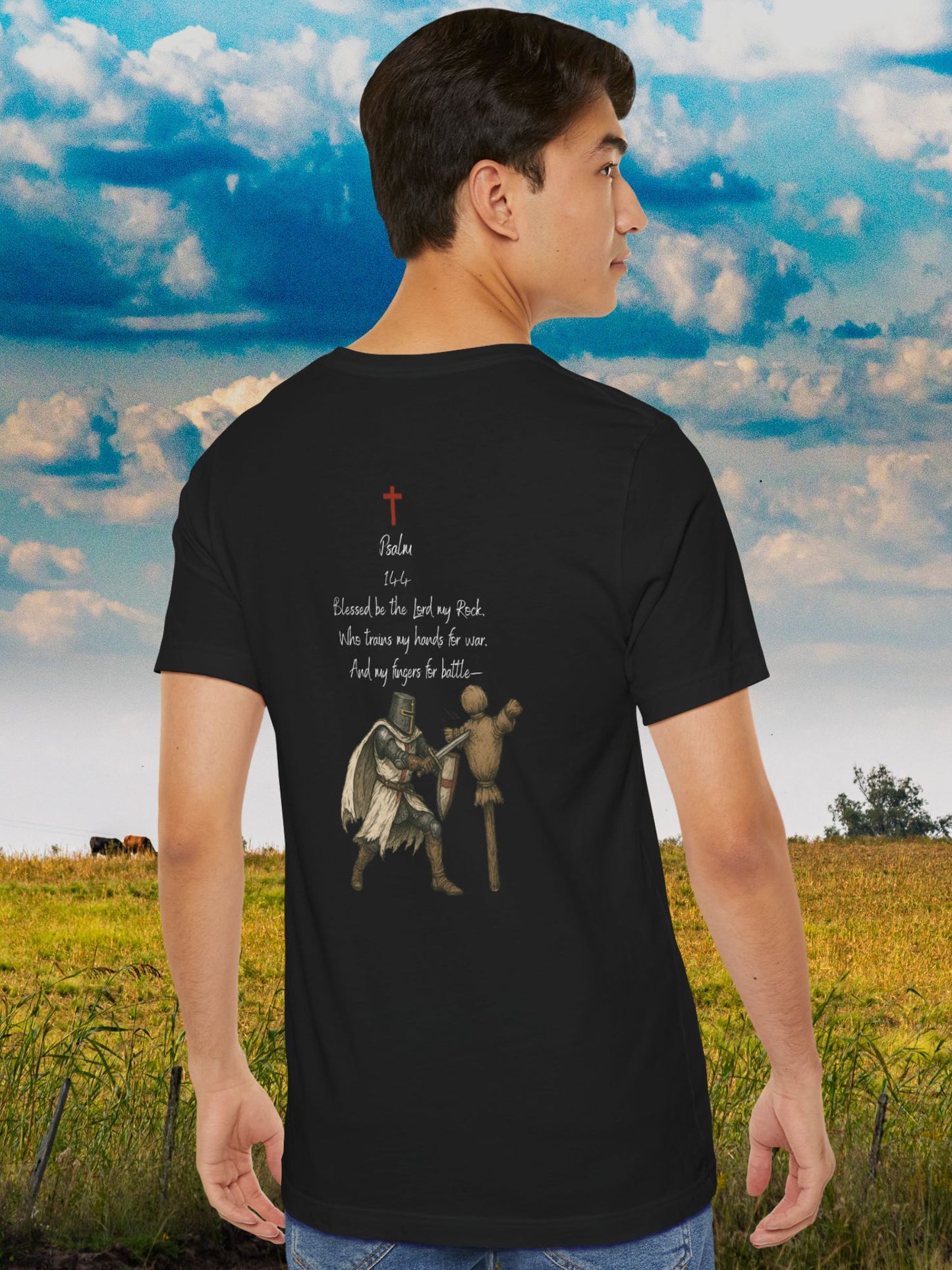 Psalm 144 with a knight training Graphic Unisex T-Shirt, Christian Apparel, Bible Verse Tee