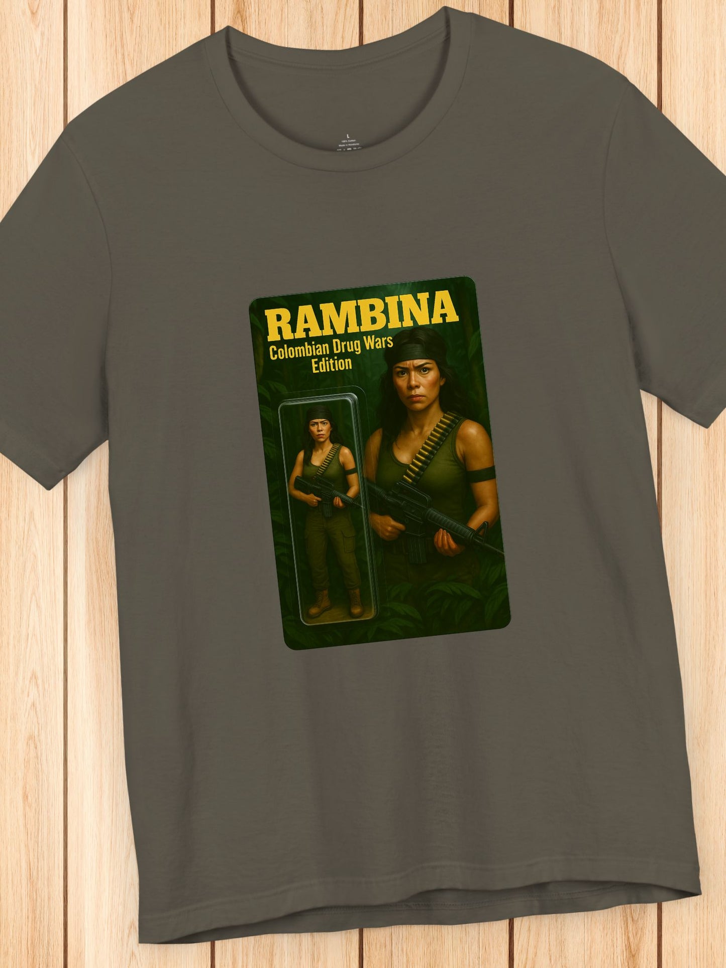 'Rambina Colombian Drug Wars Edition' Unisex T-Shirt, Female Action Figure, Jungle Fighter