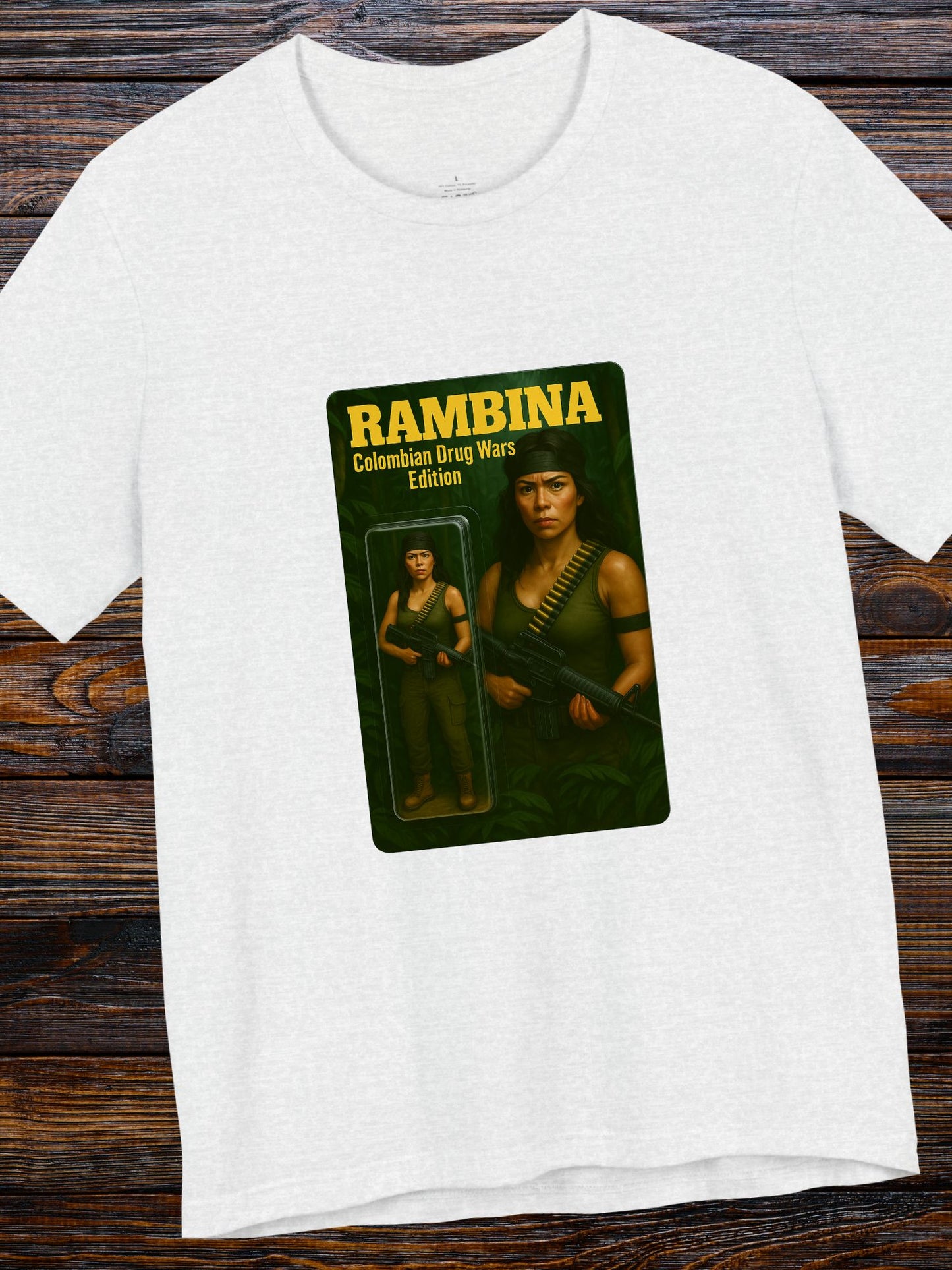 'Rambina Colombian Drug Wars Edition' Unisex T-Shirt, Female Action Figure, Jungle Fighter