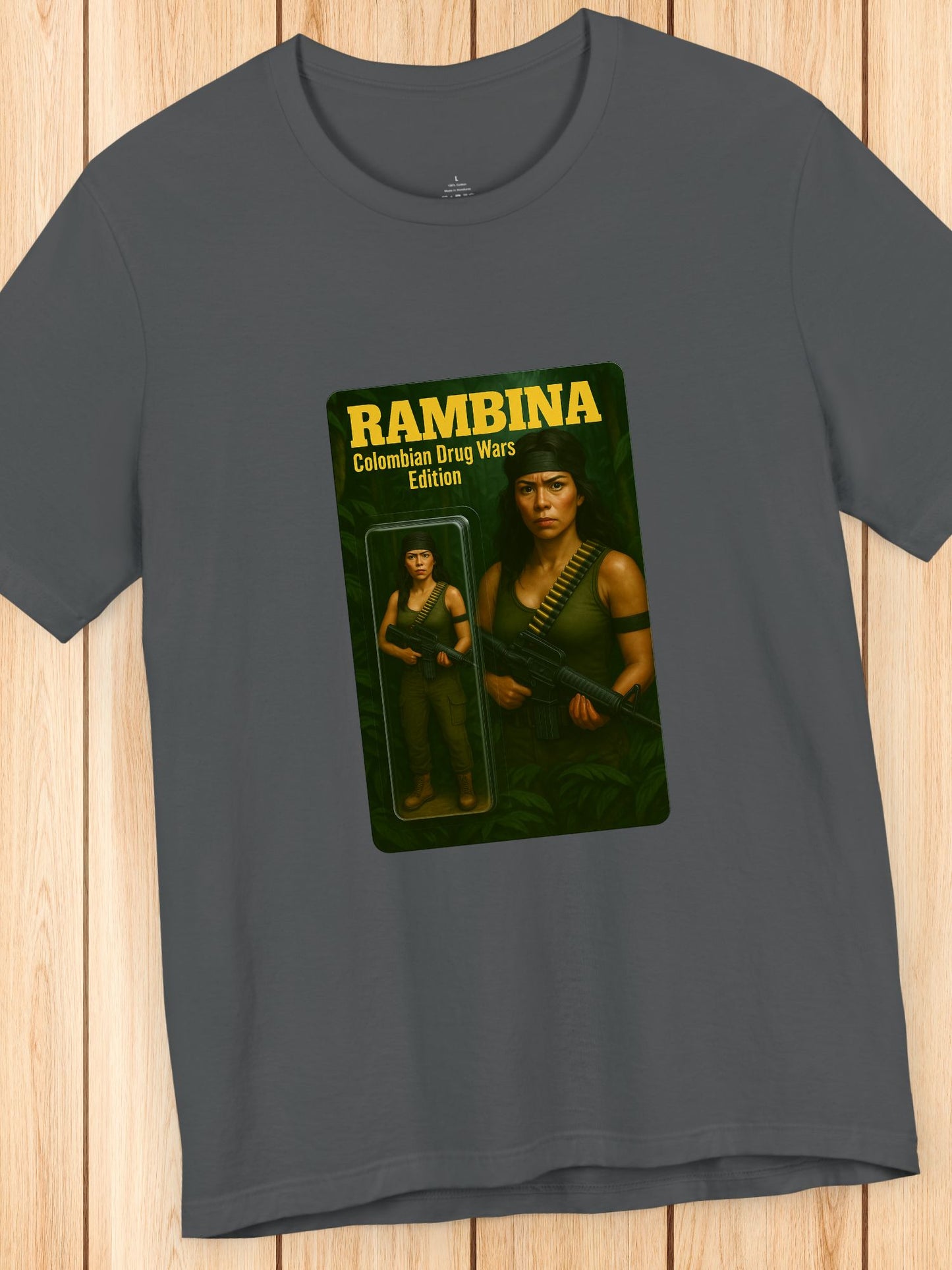 'Rambina Colombian Drug Wars Edition' Unisex T-Shirt, Female Action Figure, Jungle Fighter
