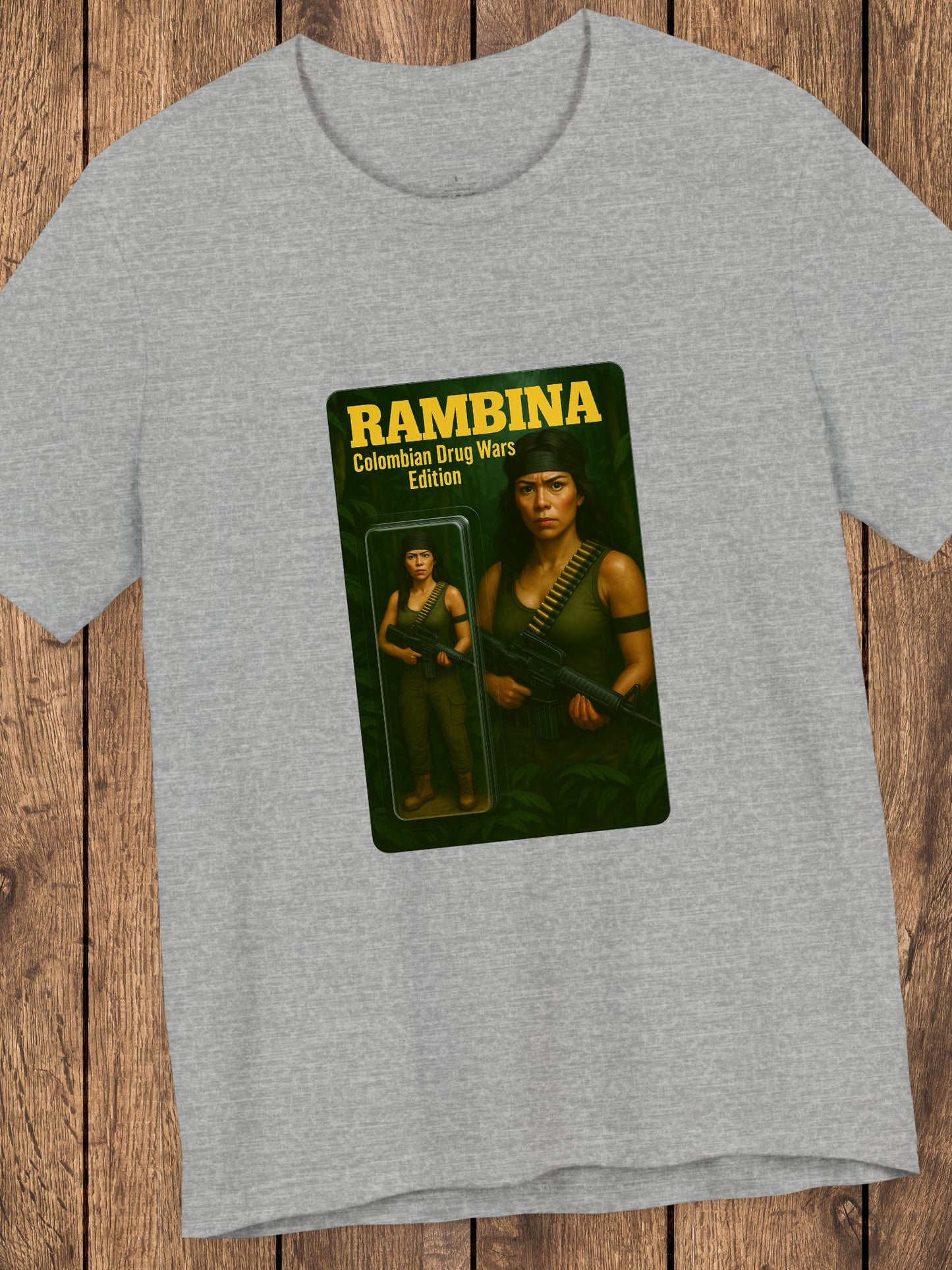 'Rambina Colombian Drug Wars Edition' Unisex T-Shirt, Female Action Figure, Jungle Fighter