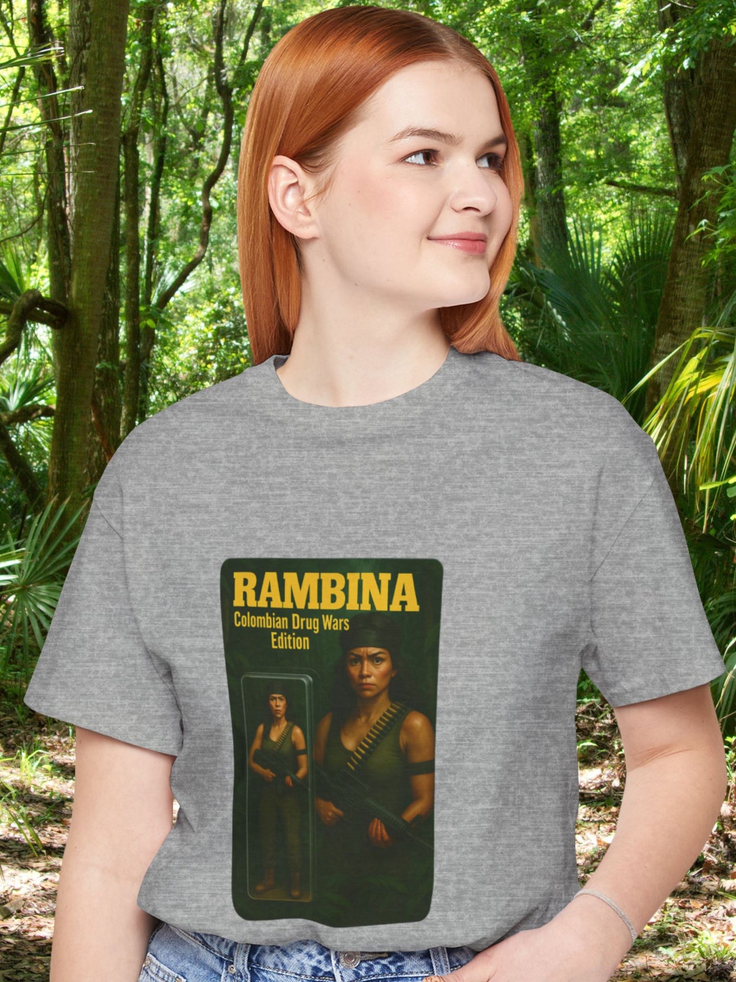 'Rambina Colombian Drug Wars Edition' Unisex T-Shirt, Female Action Figure, Jungle Fighter