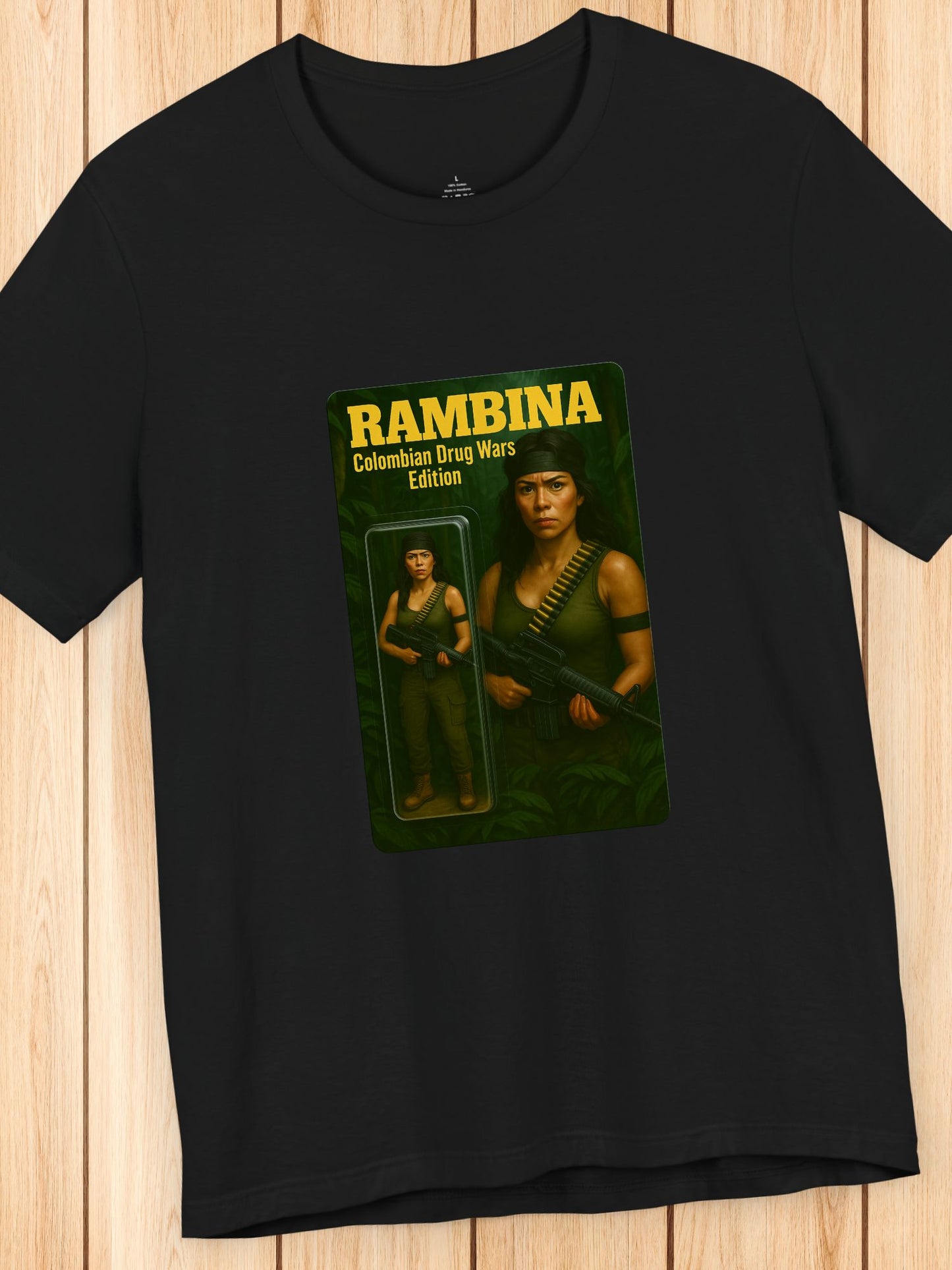 'Rambina Colombian Drug Wars Edition' Unisex T-Shirt, Female Action Figure, Jungle Fighter