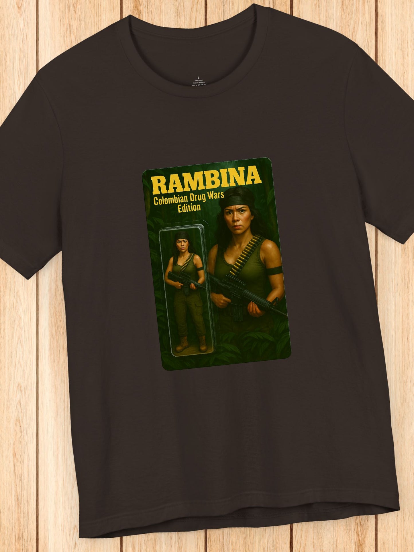 'Rambina Colombian Drug Wars Edition' Unisex T-Shirt, Female Action Figure, Jungle Fighter