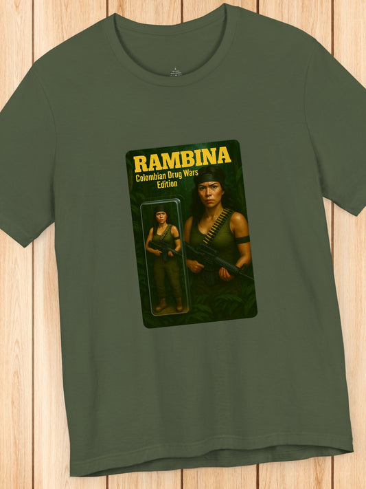 'Rambina Colombian Drug Wars Edition' Unisex T-Shirt, Female Action Figure, Jungle Fighter