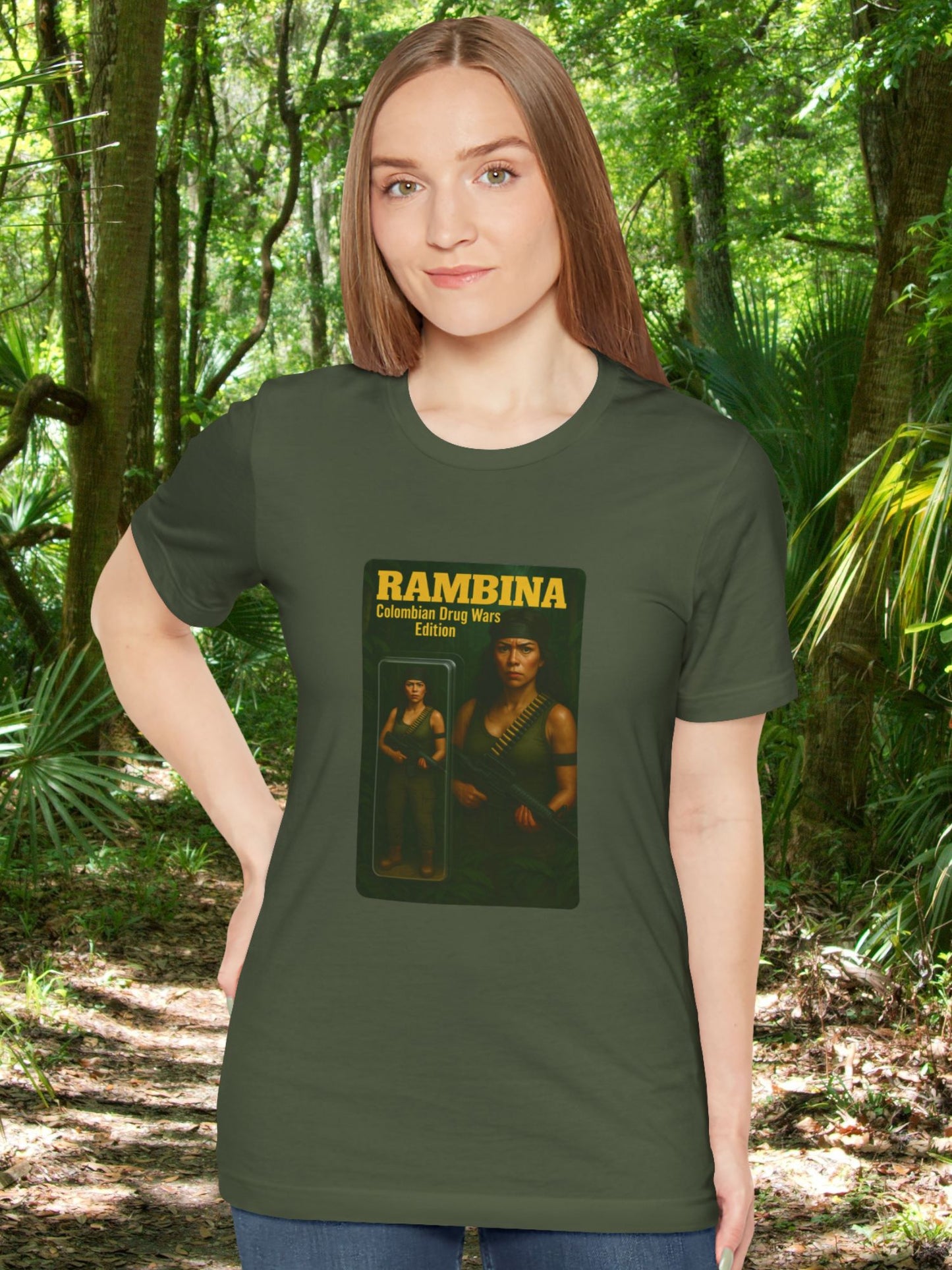 'Rambina Colombian Drug Wars Edition' Unisex T-Shirt, Female Action Figure, Jungle Fighter
