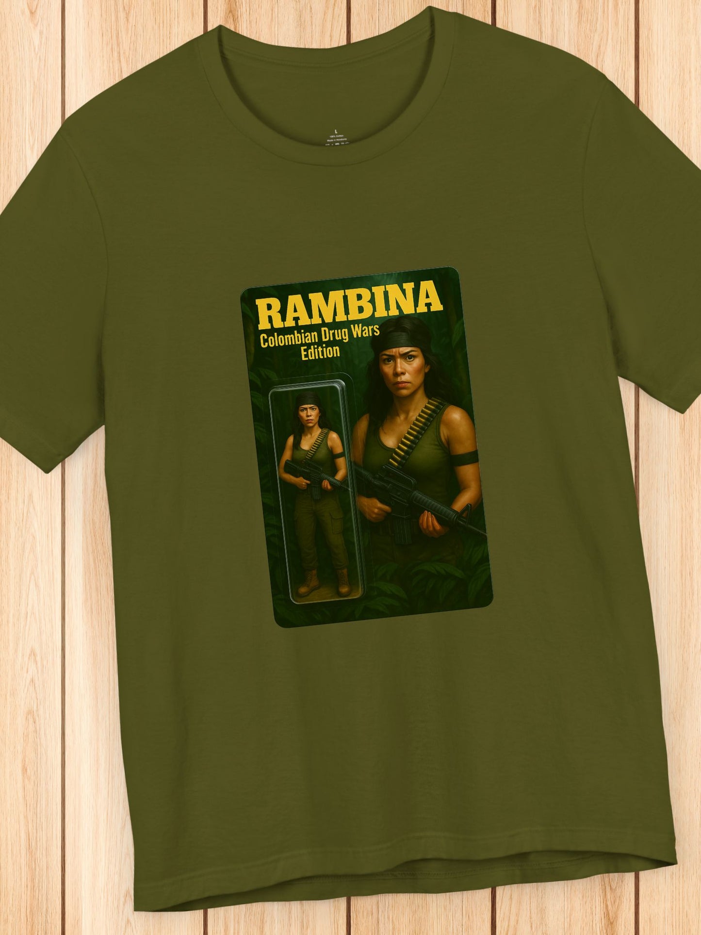 'Rambina Colombian Drug Wars Edition' Unisex T-Shirt, Female Action Figure, Jungle Fighter