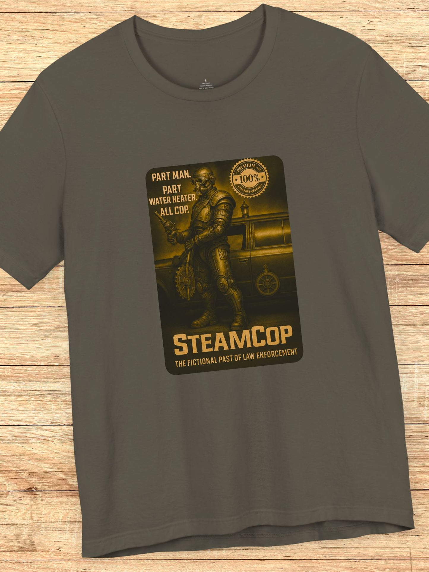 'SteamCop' Graphic Unisex T-Shirt, Retro Sci-Fi Police Themed Tee for Fiction Fans