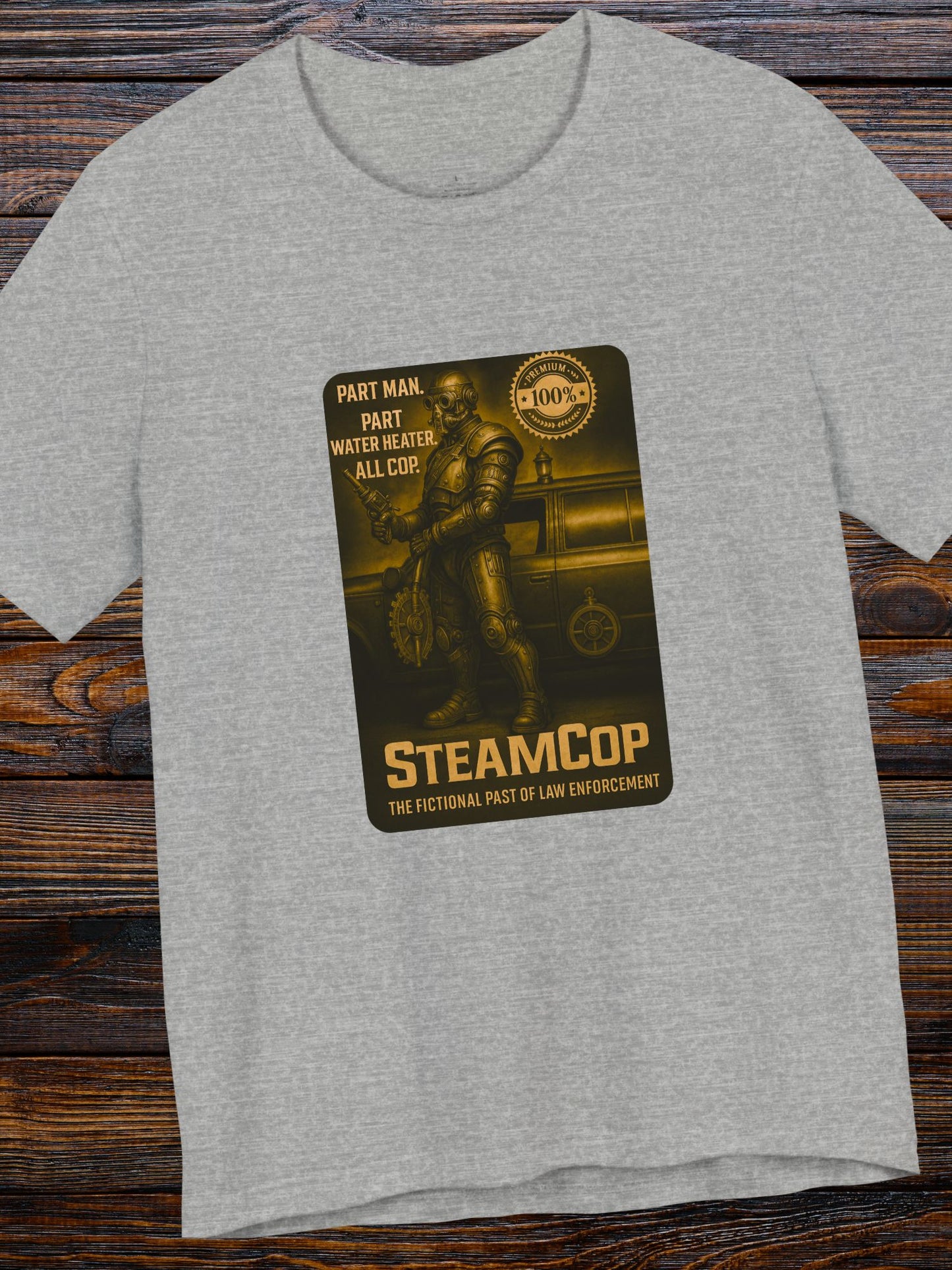 'SteamCop' Graphic Unisex T-Shirt, Retro Sci-Fi Police Themed Tee for Fiction Fans