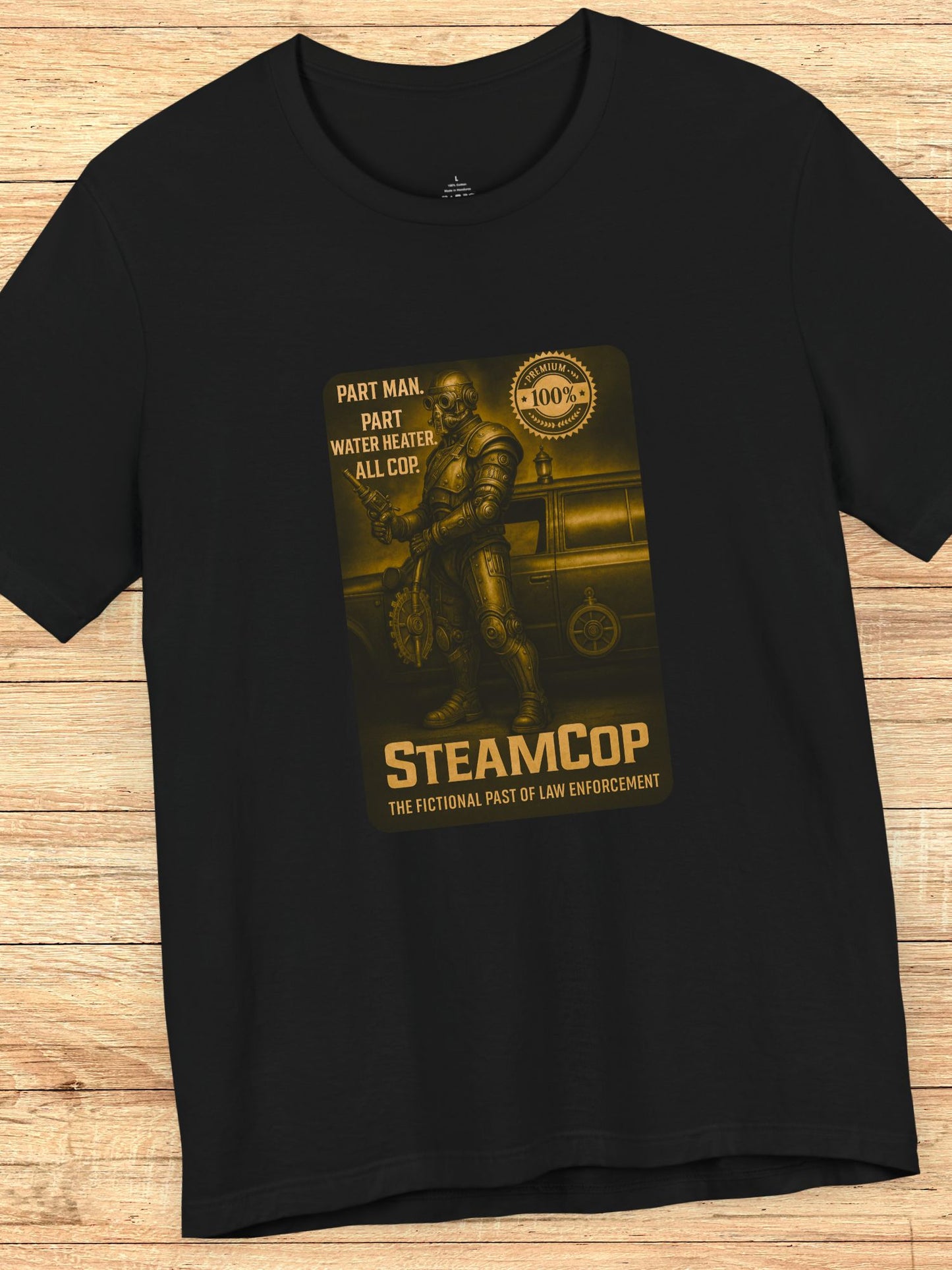'SteamCop' Graphic Unisex T-Shirt, Retro Sci-Fi Police Themed Tee for Fiction Fans