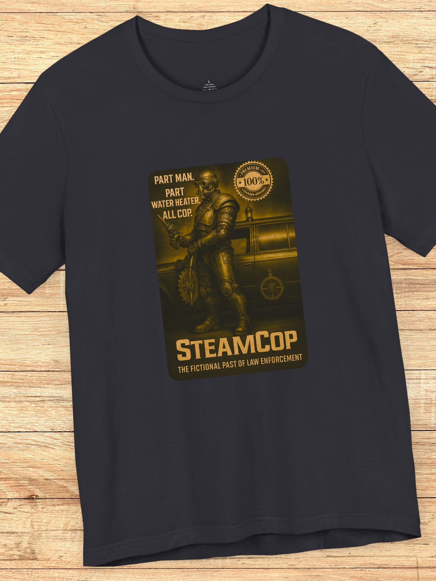 'SteamCop' Graphic Unisex T-Shirt, Retro Sci-Fi Police Themed Tee for Fiction Fans
