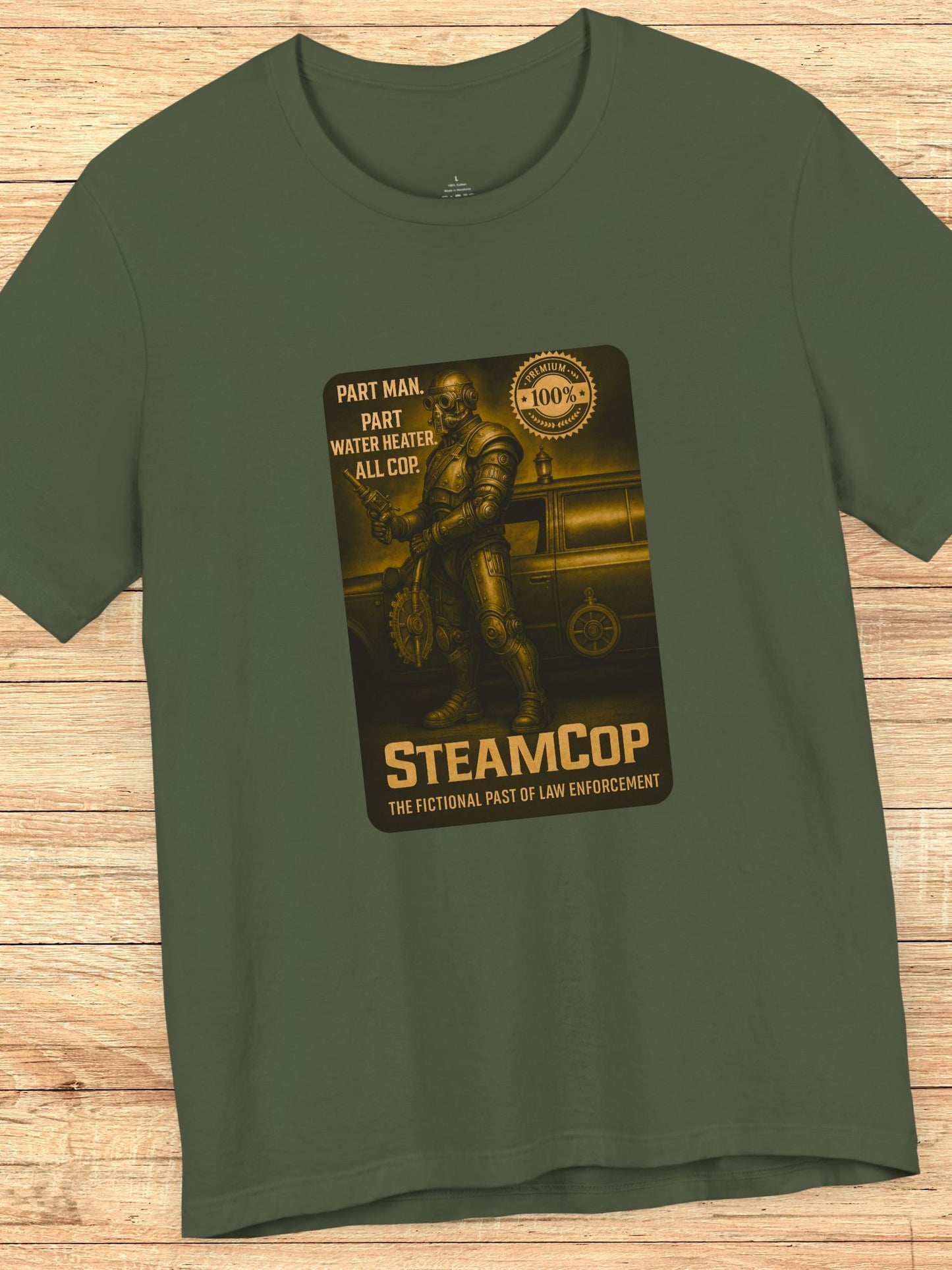 'SteamCop' Graphic Unisex T-Shirt, Retro Sci-Fi Police Themed Tee for Fiction Fans