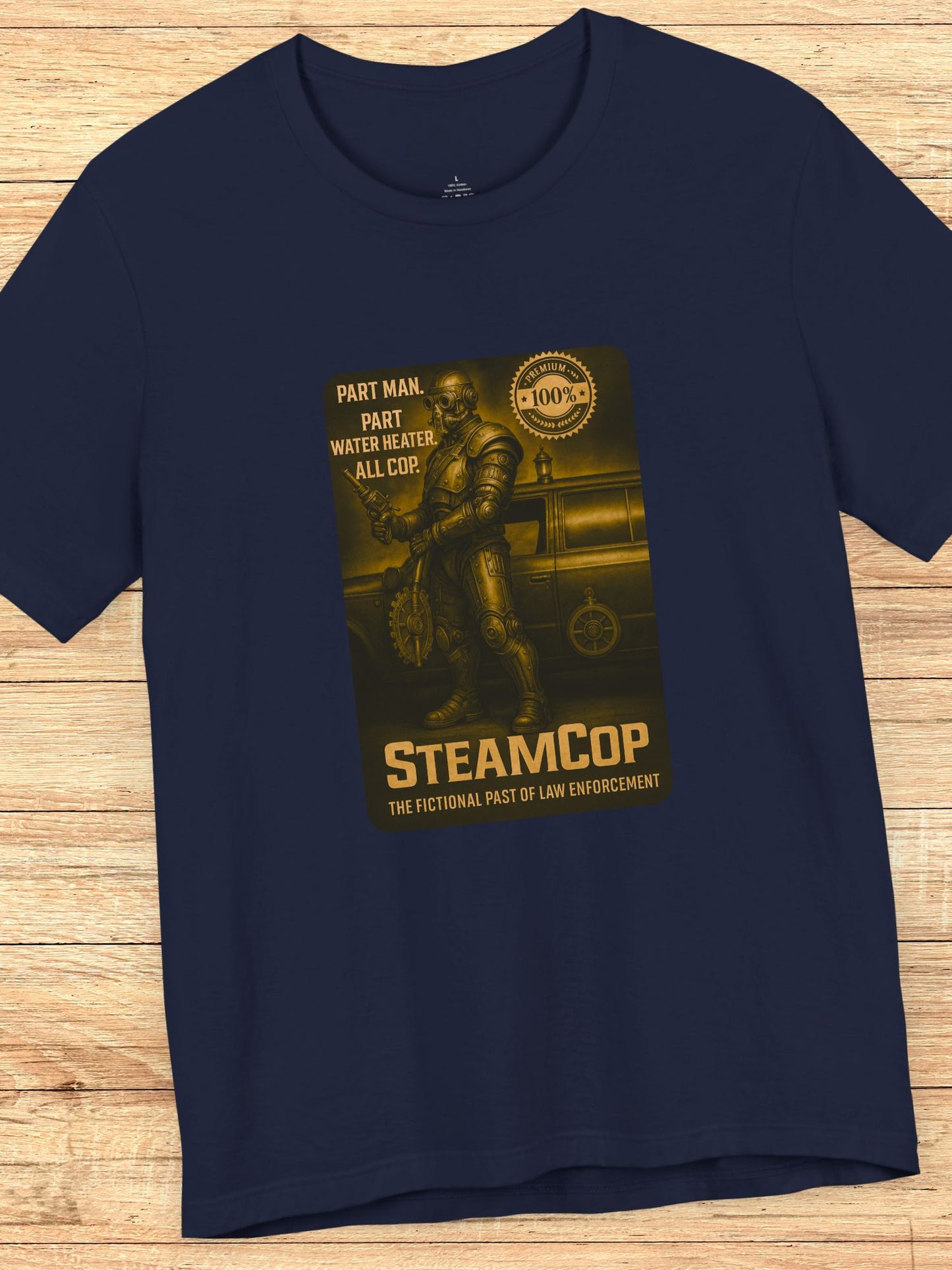 'SteamCop' Graphic Unisex T-Shirt, Retro Sci-Fi Police Themed Tee for Fiction Fans