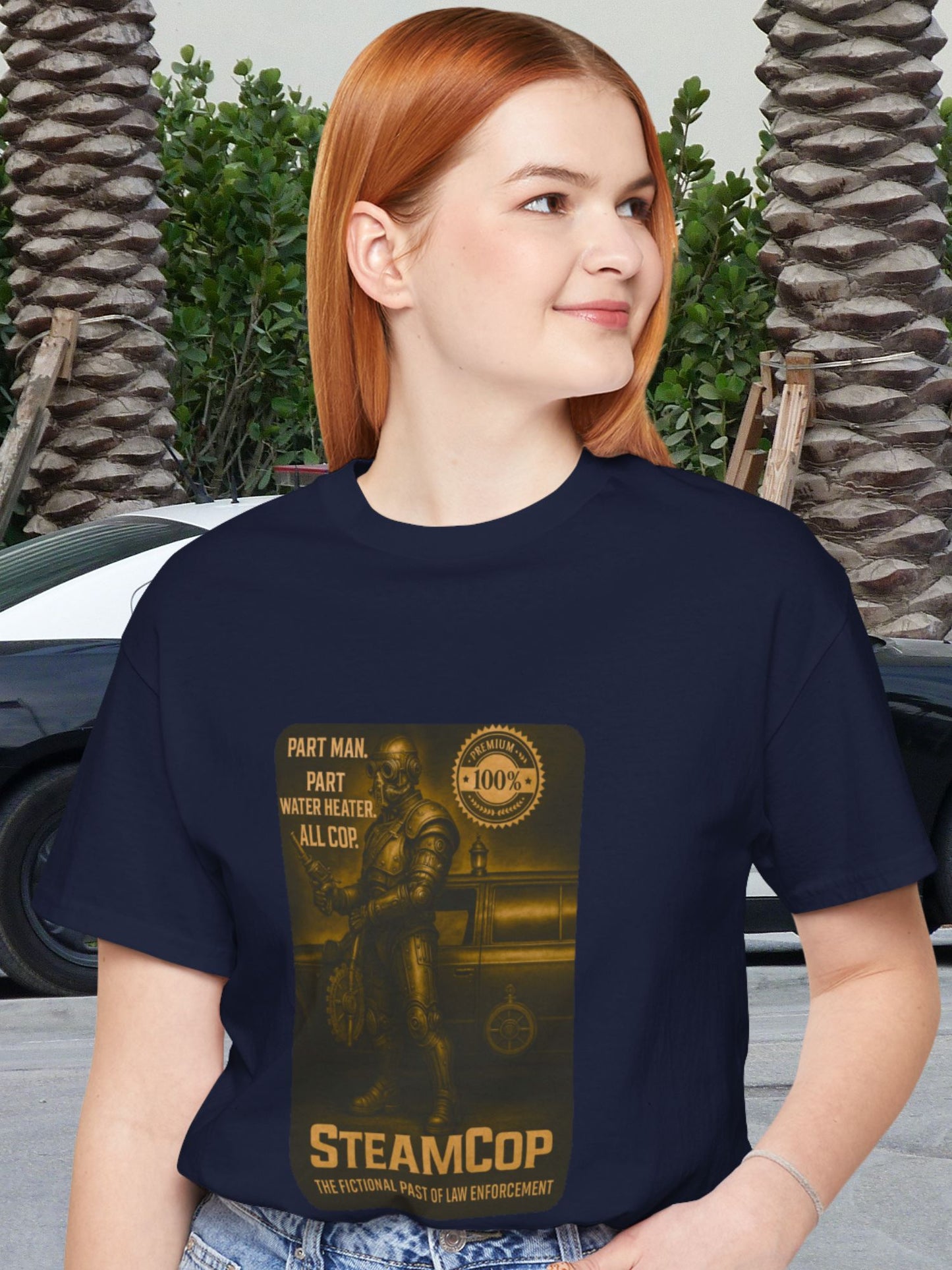 'SteamCop' Graphic Unisex T-Shirt, Retro Sci-Fi Police Themed Tee for Fiction Fans