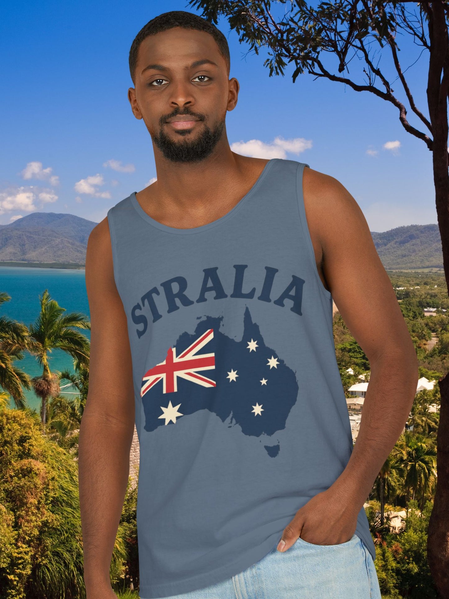 'Stralia' Australia Map Tank Top, Unisex Summer Tee, Beachwear, Vacation Clothing, Gift for Travelers, Australia Day Celebrations
