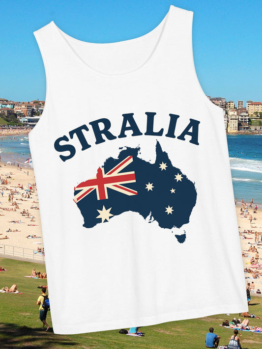 'Stralia' Australia Map Tank Top, Unisex Summer Tee, Beachwear, Vacation Clothing, Gift for Travelers, Australia Day Celebrations